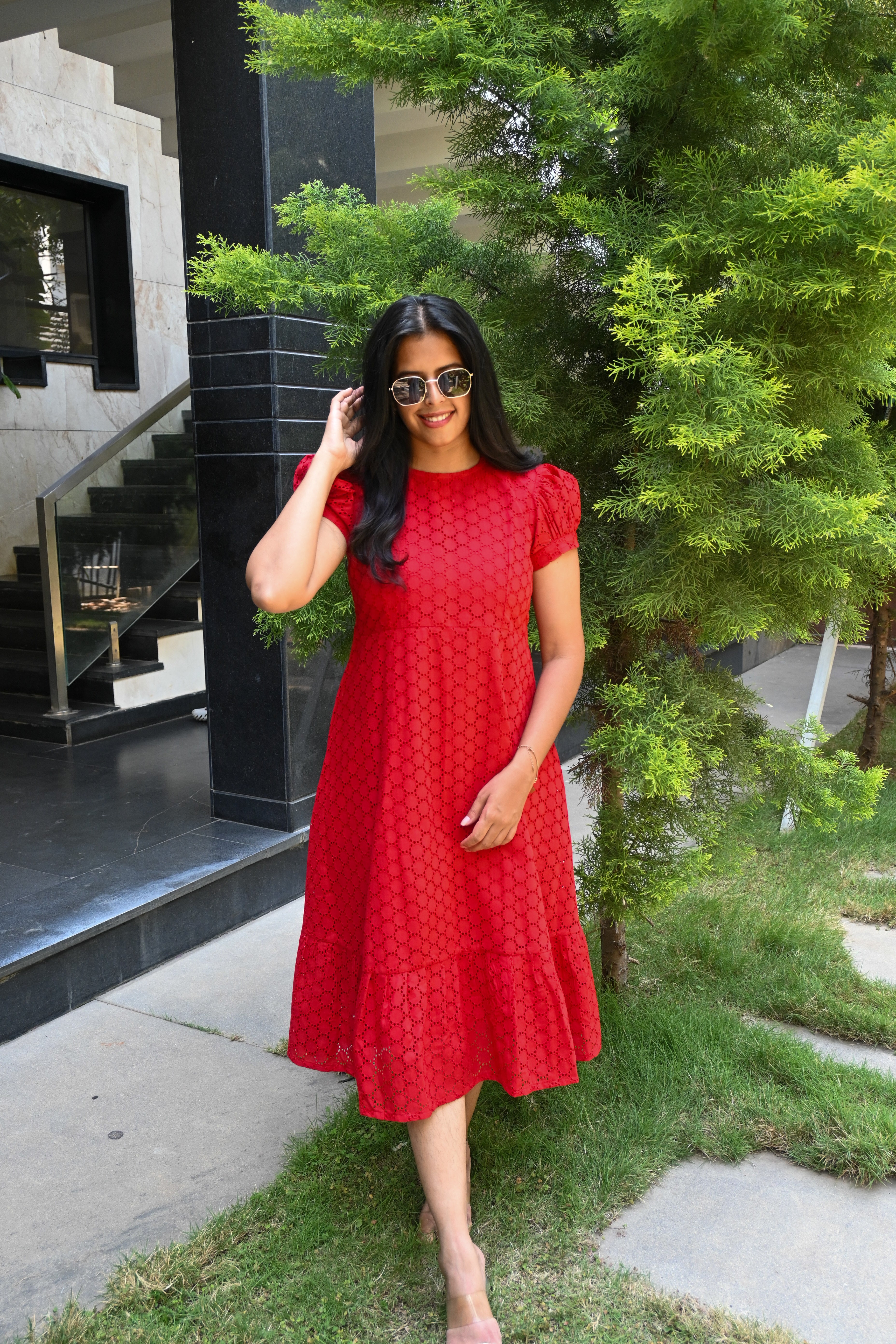 Red Schiffli A-line Puff Sleeves Midi Dress