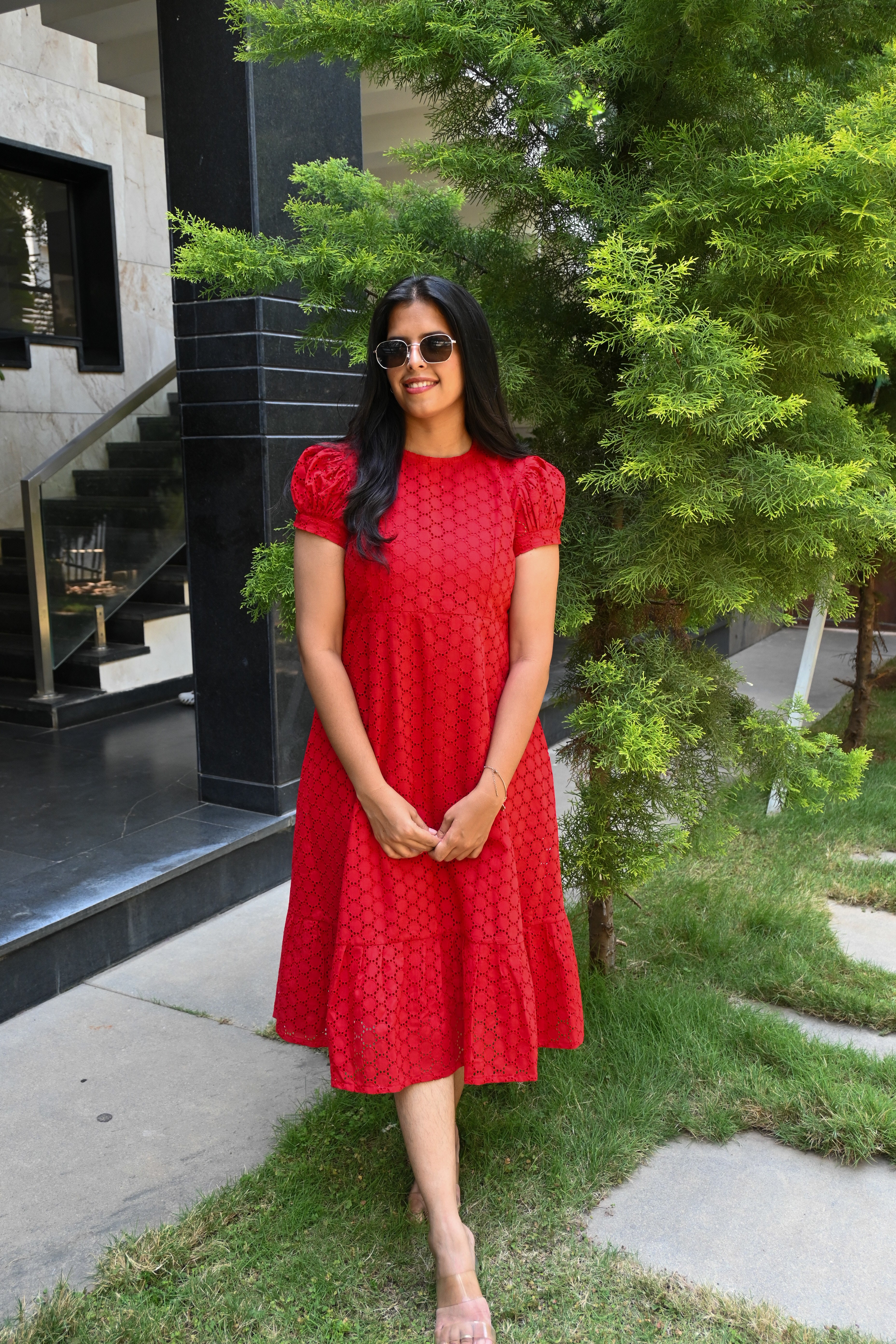 Red Schiffli A-line Puff Sleeves Midi Dress