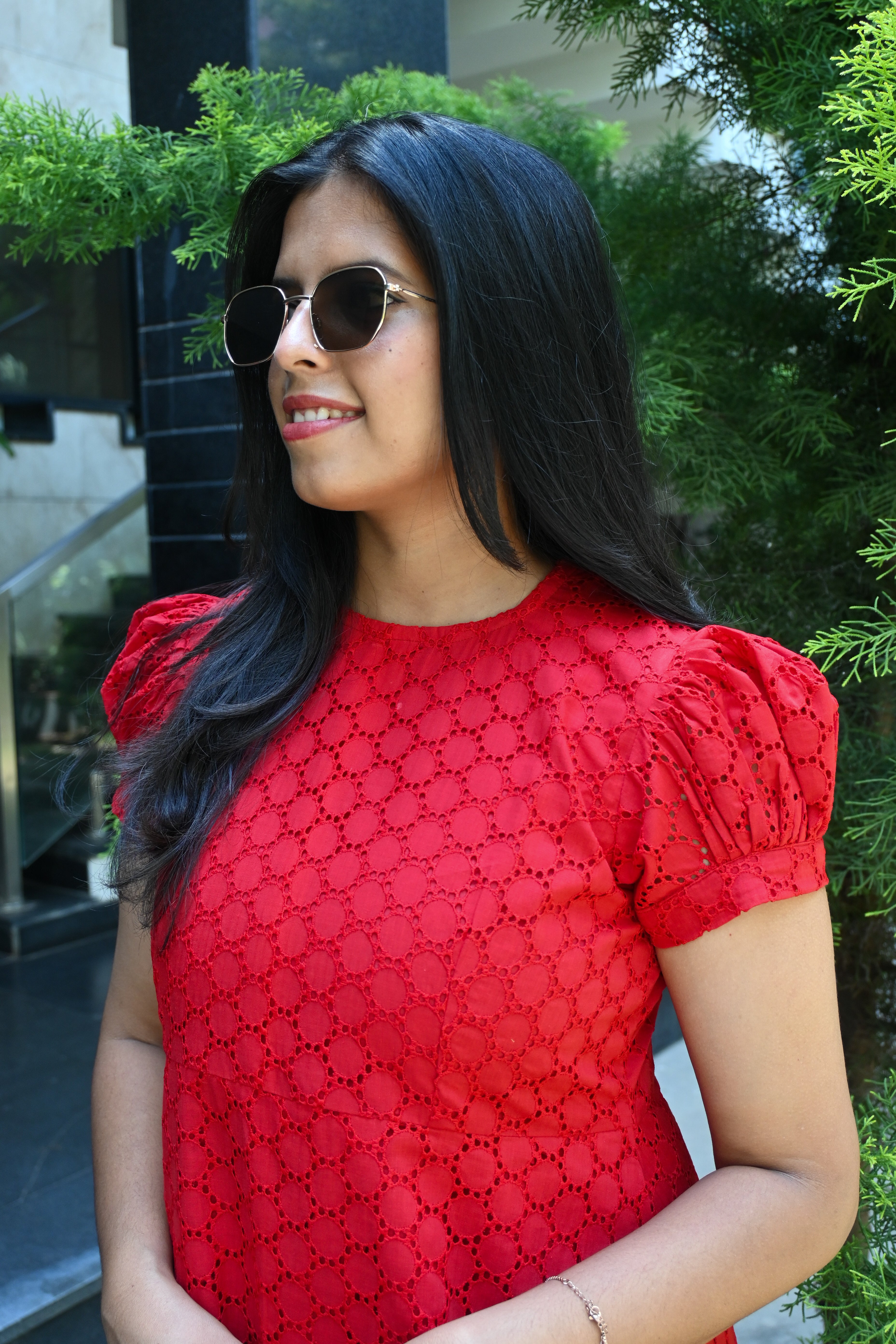 Red Schiffli A-line Puff Sleeves Midi Dress