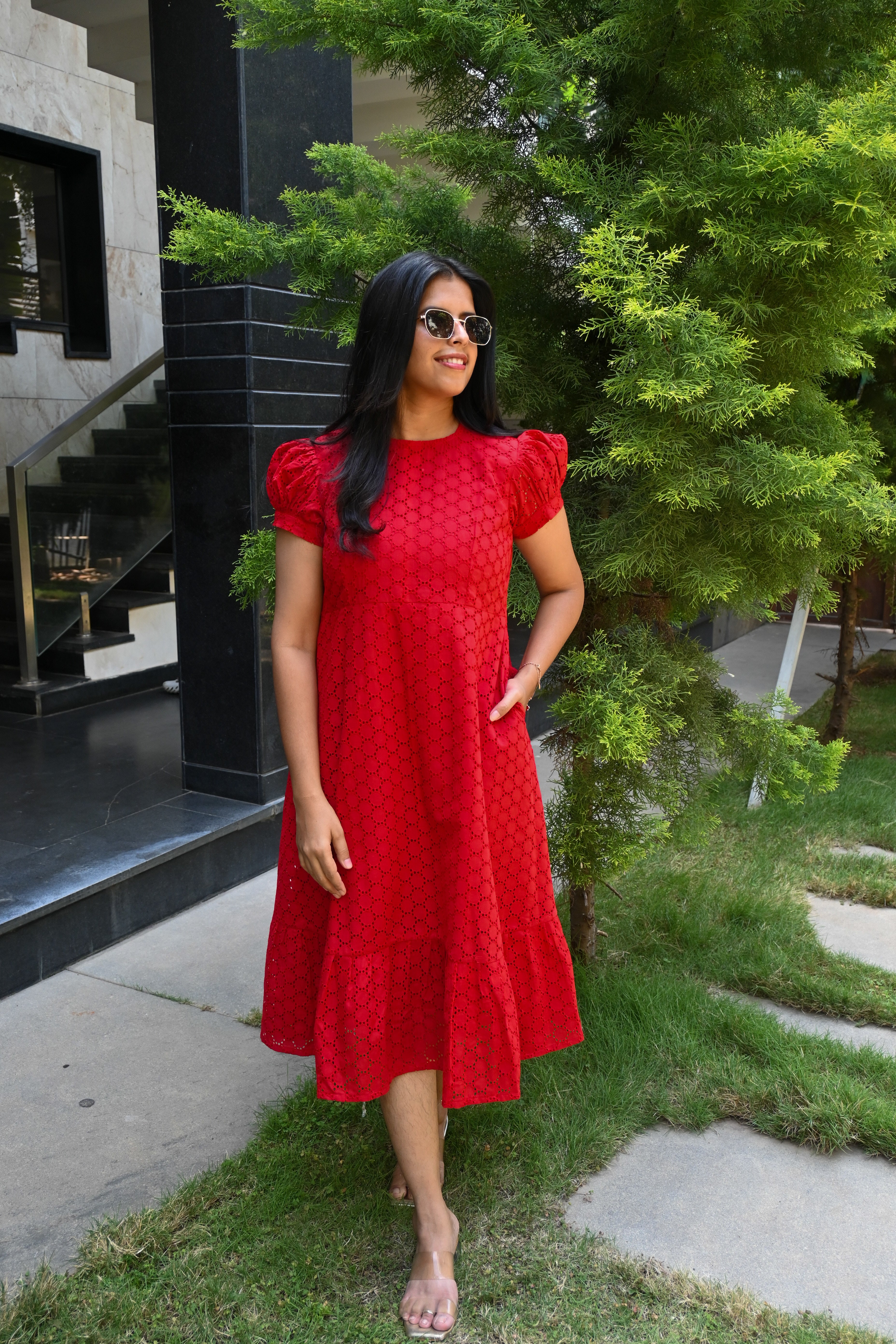 Red Schiffli A-line Puff Sleeves Midi Dress