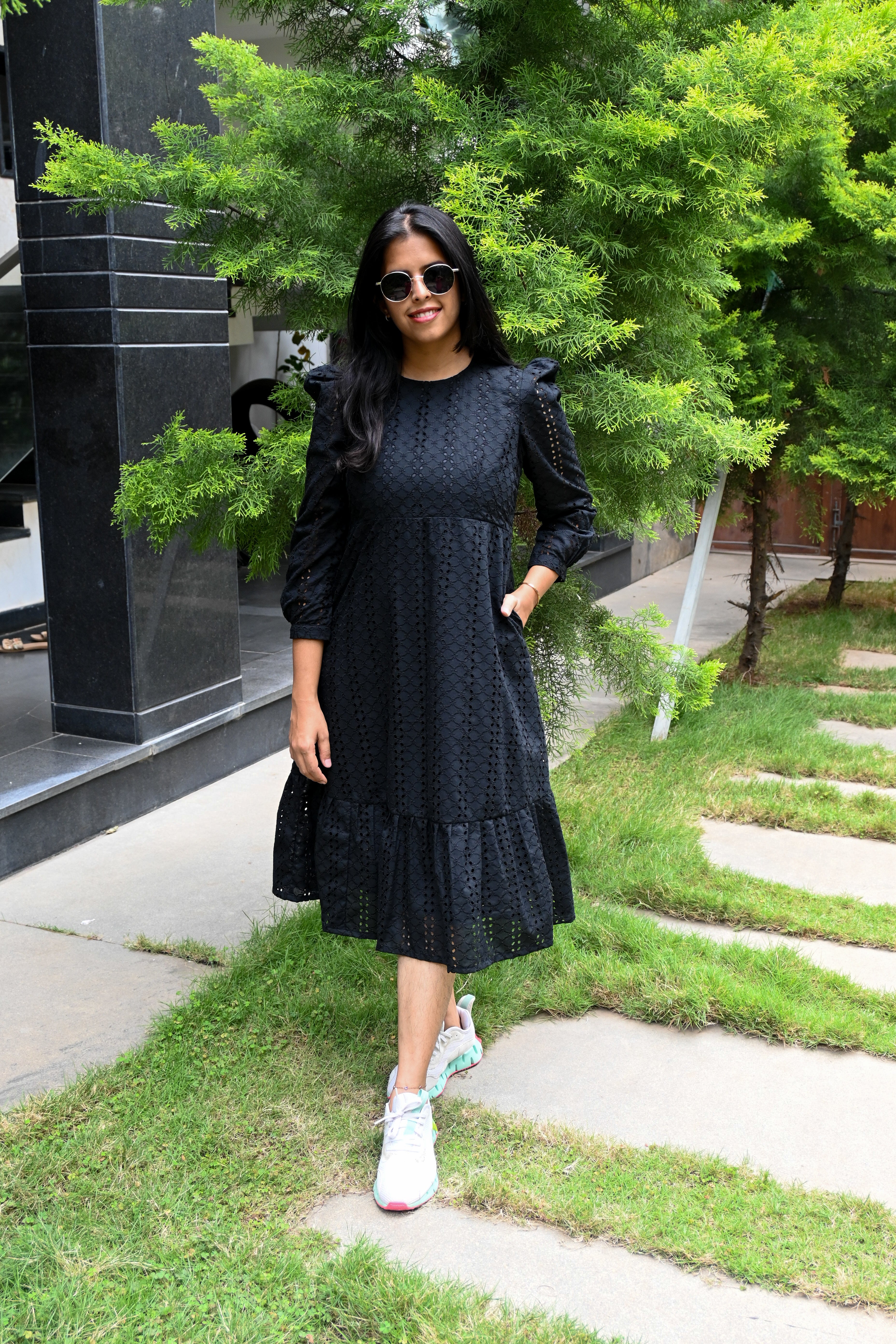 Black Schiffli A-line Puff Sleeves Midi Dress