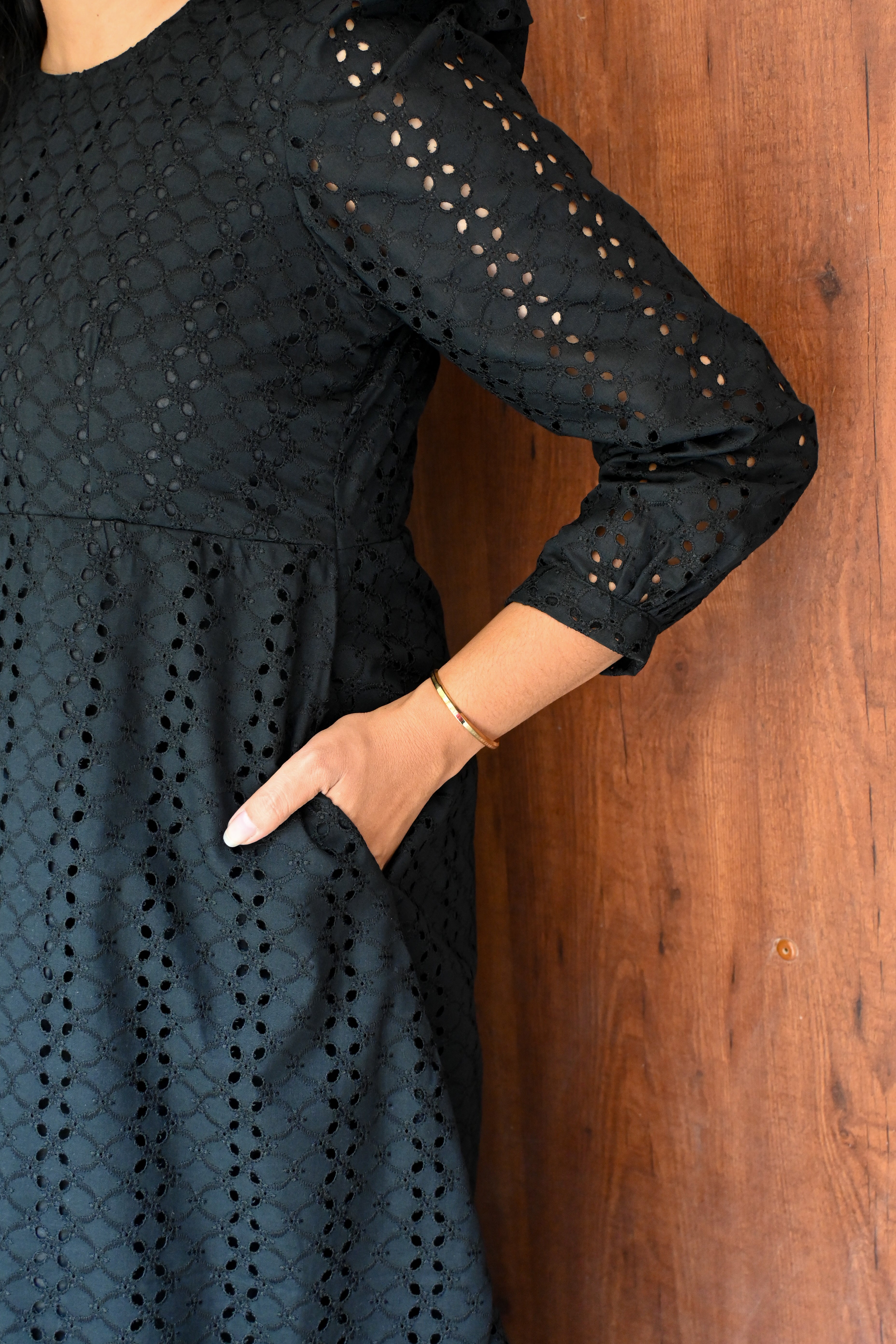 Black Schiffli A-line Puff Sleeves Midi Dress