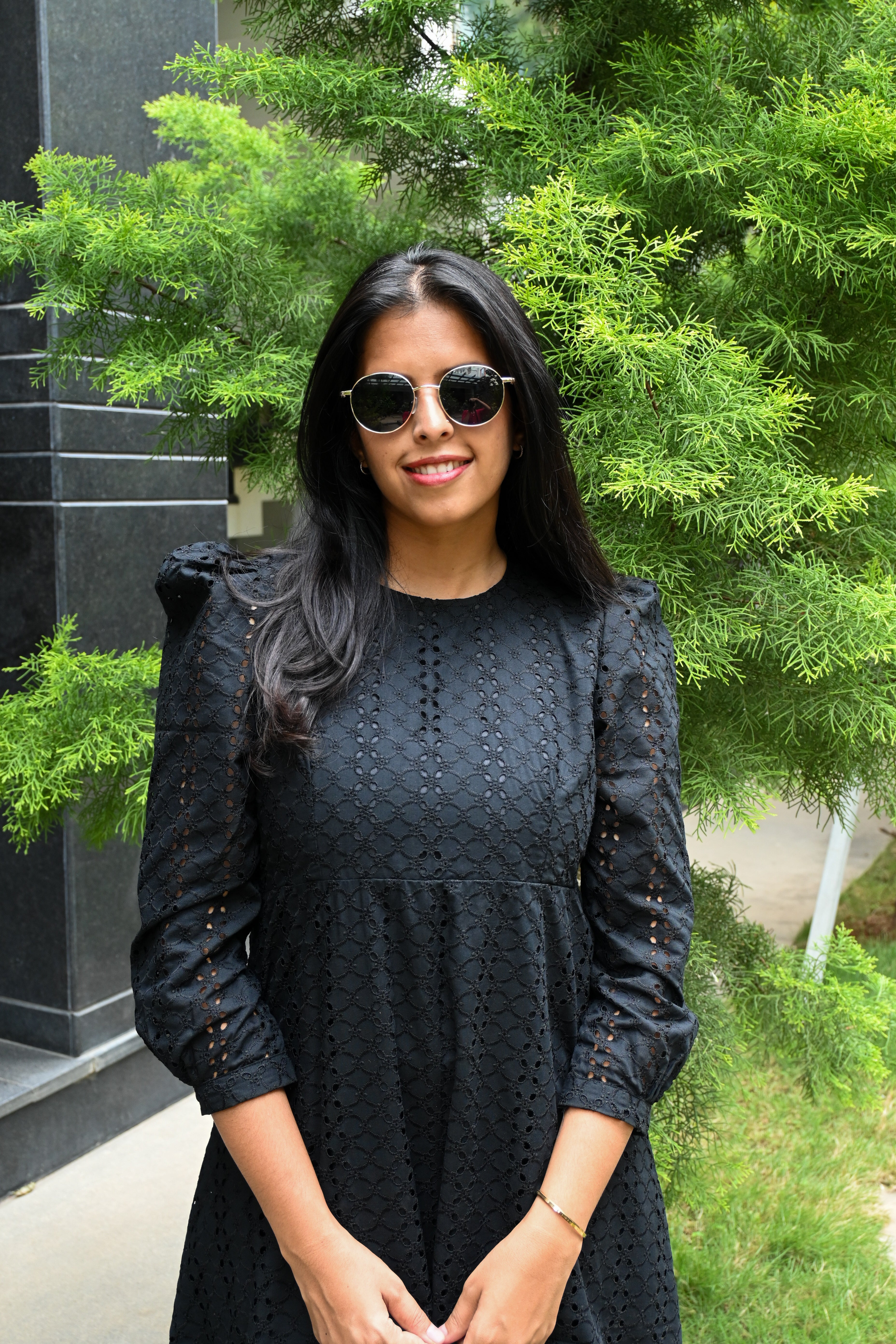 Black Schiffli A-line Puff Sleeves Midi Dress