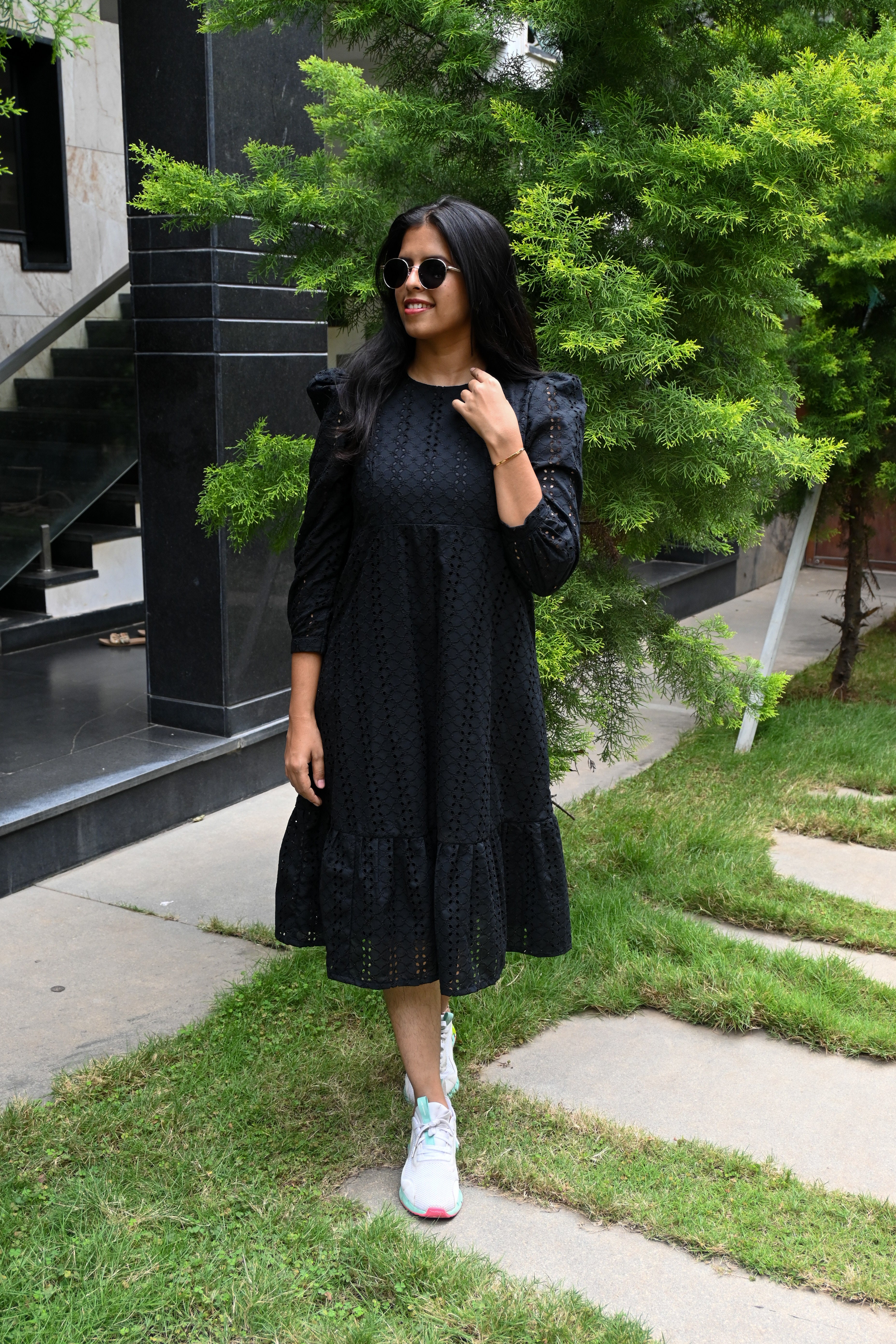 Black Schiffli A-line Puff Sleeves Midi Dress