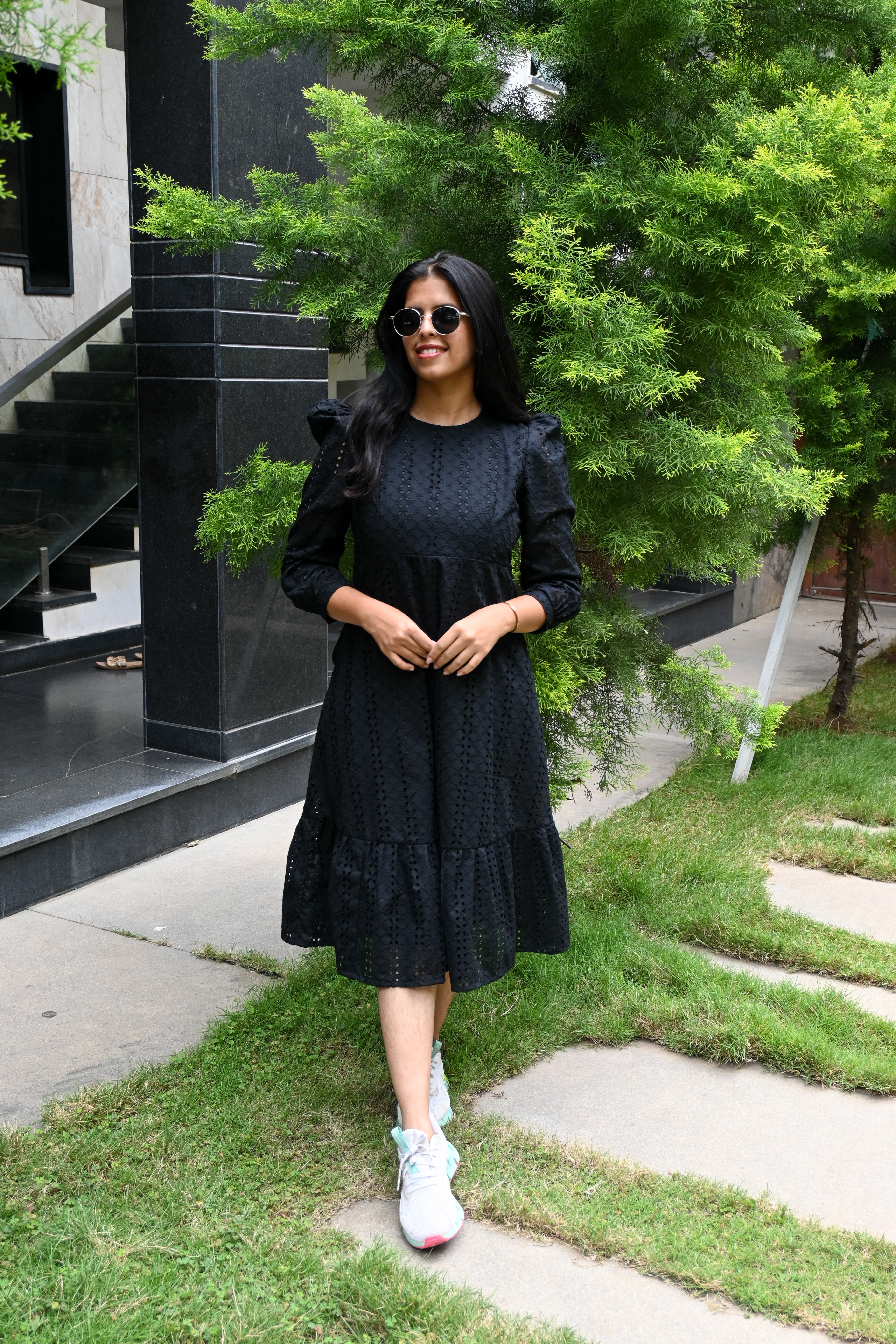 Black Schiffli A-line Puff Sleeves Midi Dress