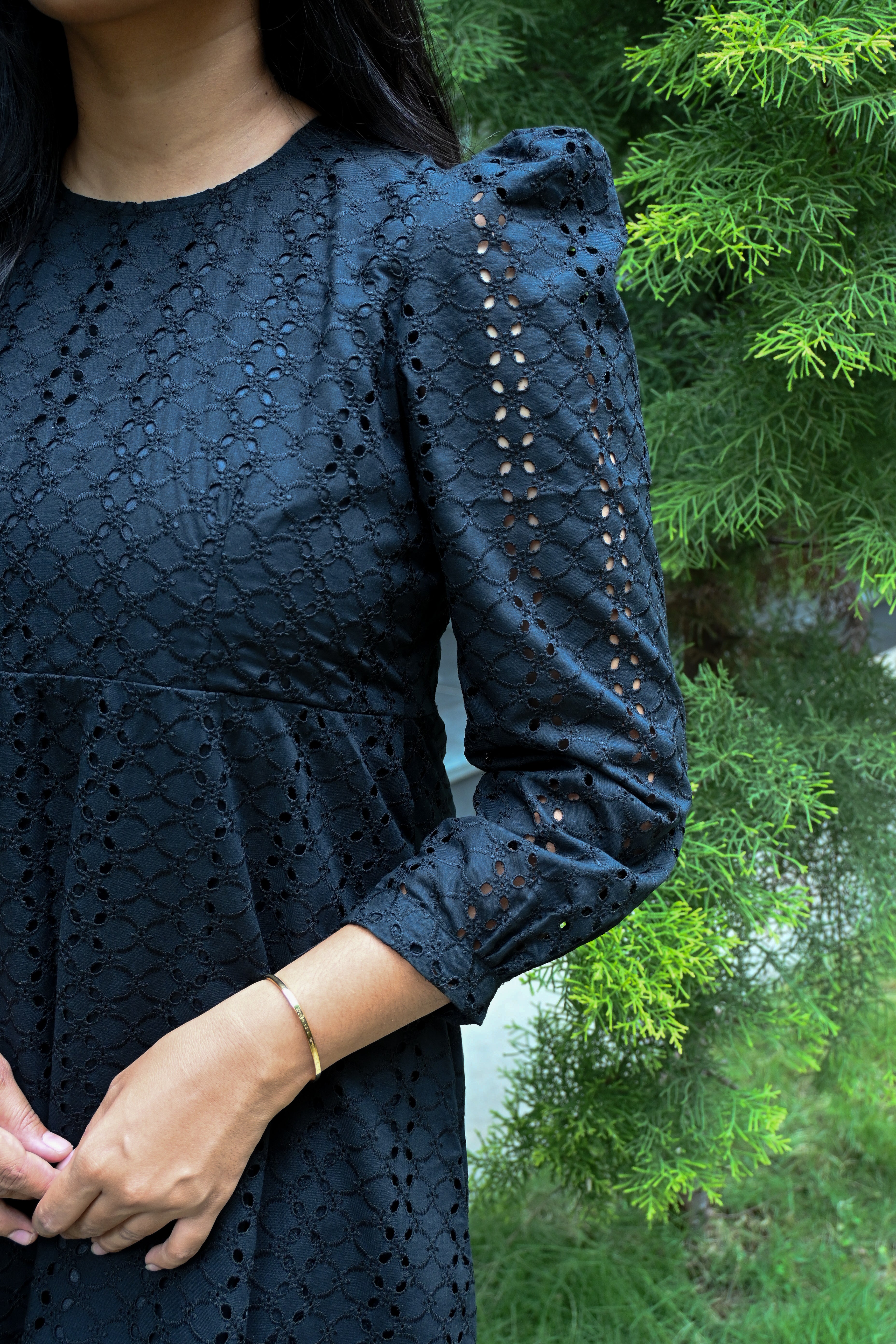 Black Schiffli A-line Puff Sleeves Midi Dress