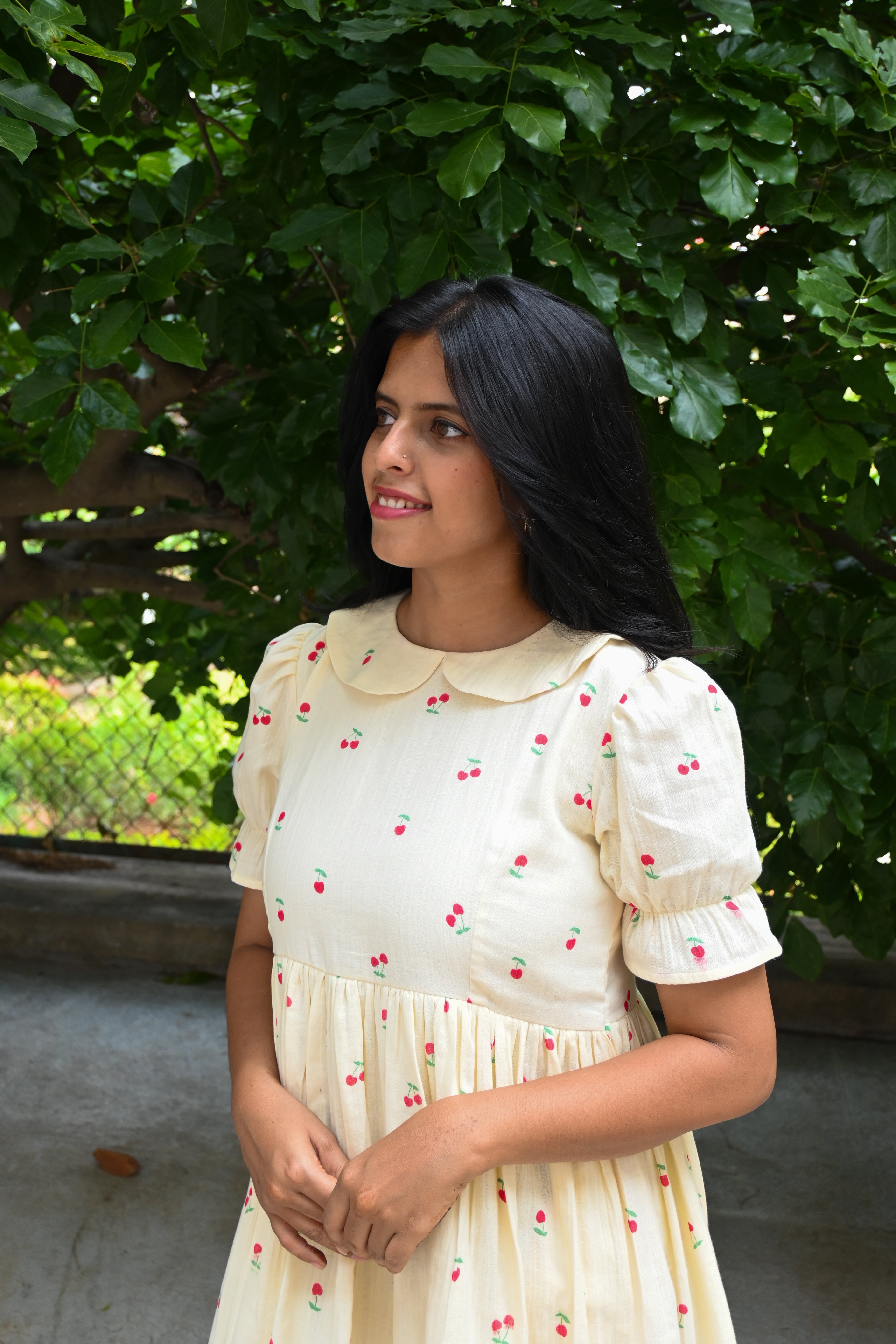 Cream Muslin Peter collar Flared Dress