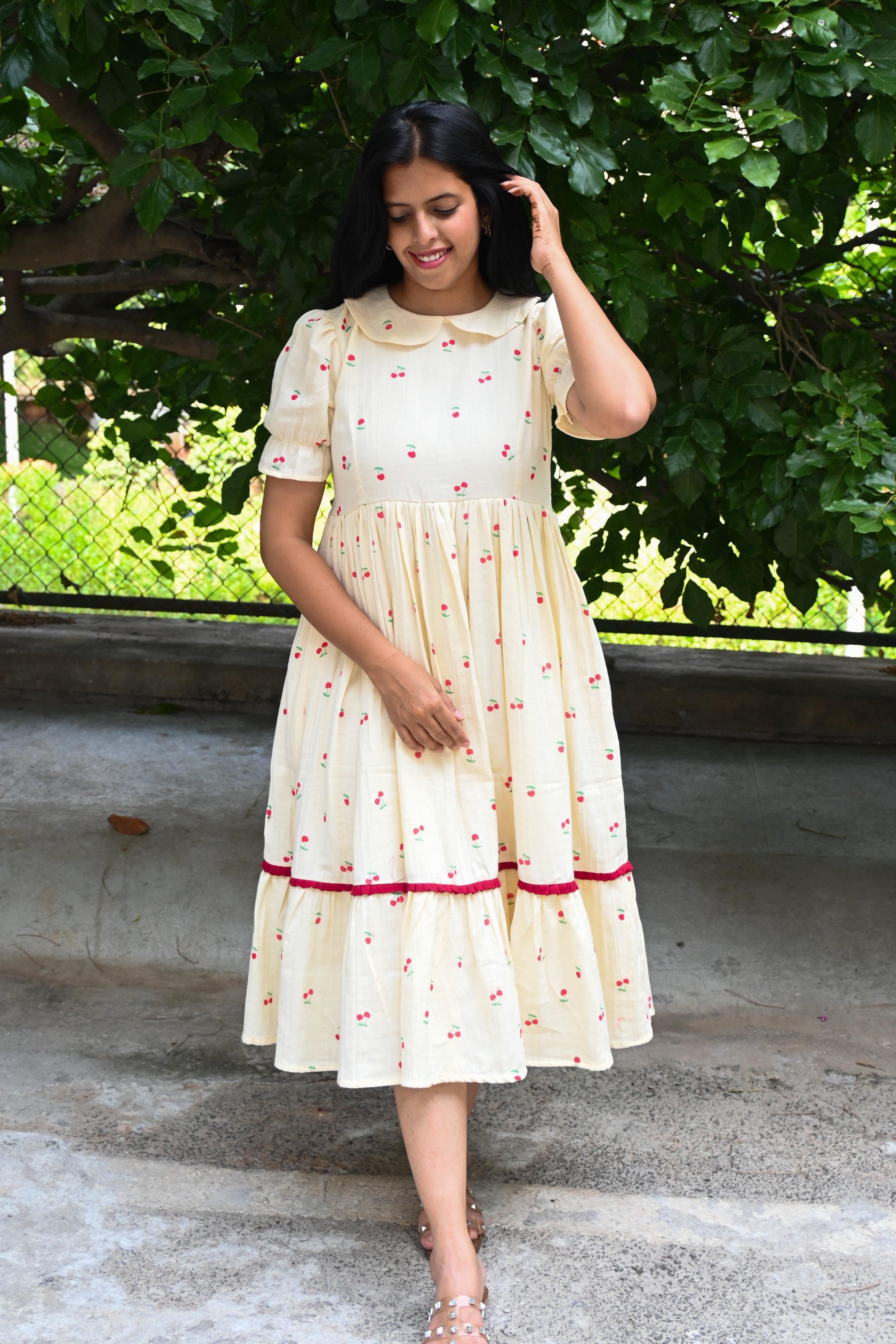 Cream Muslin Peter collar Flared Dress