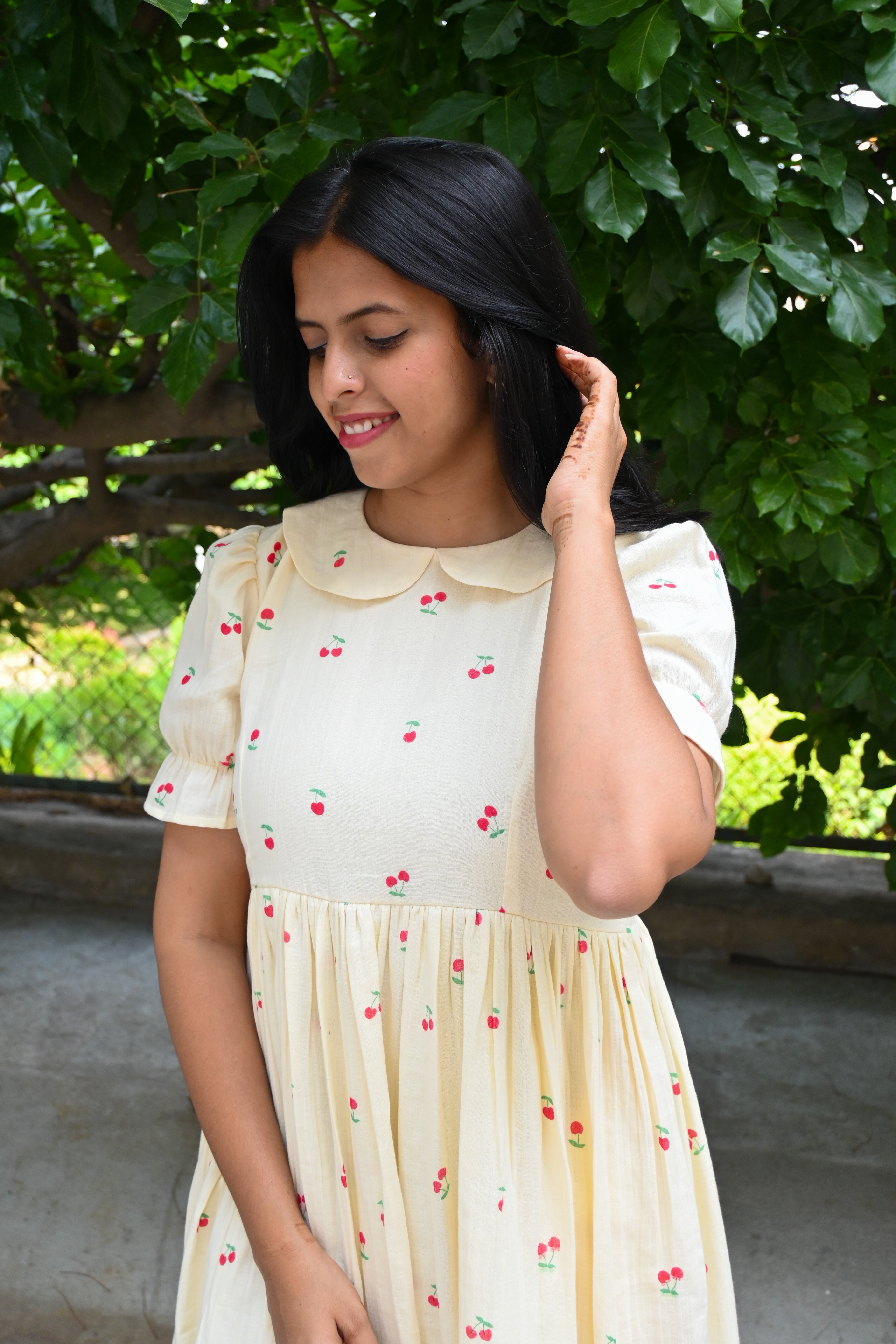 Cream Muslin Peter collar Flared Dress
