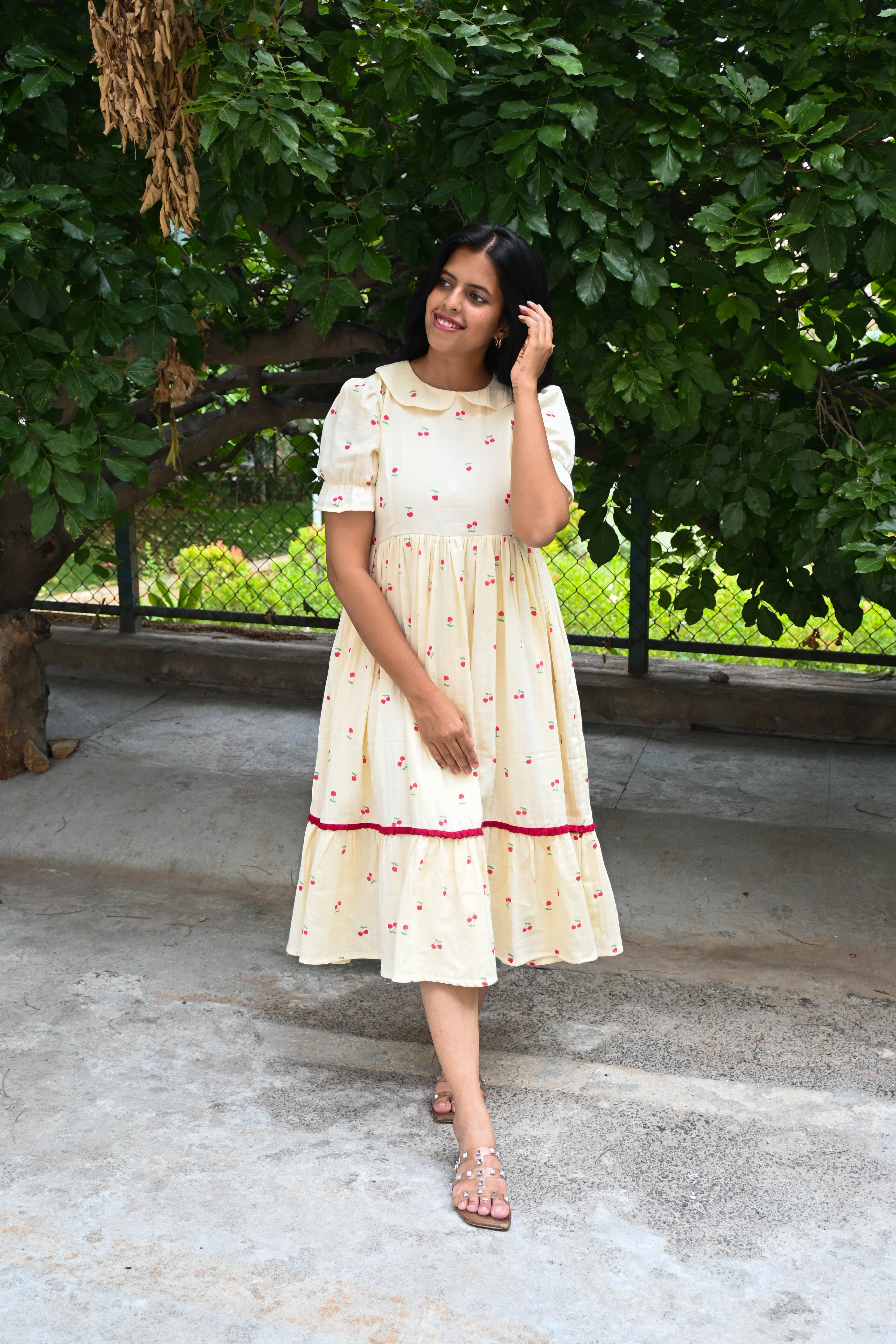 Cream Muslin Peter collar Flared Dress