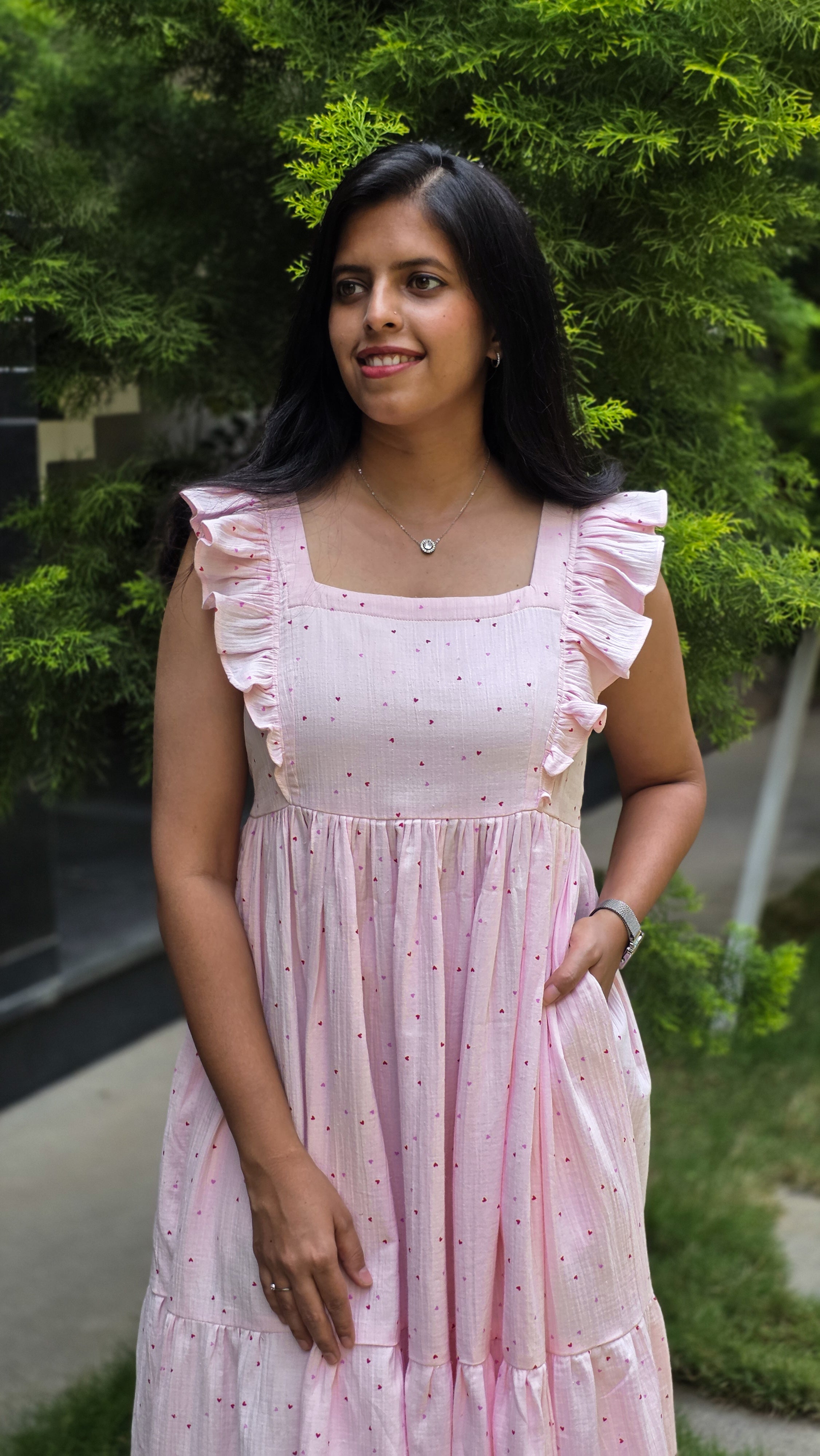 Baby Pink Muslin 2-Tier Midi Dress
