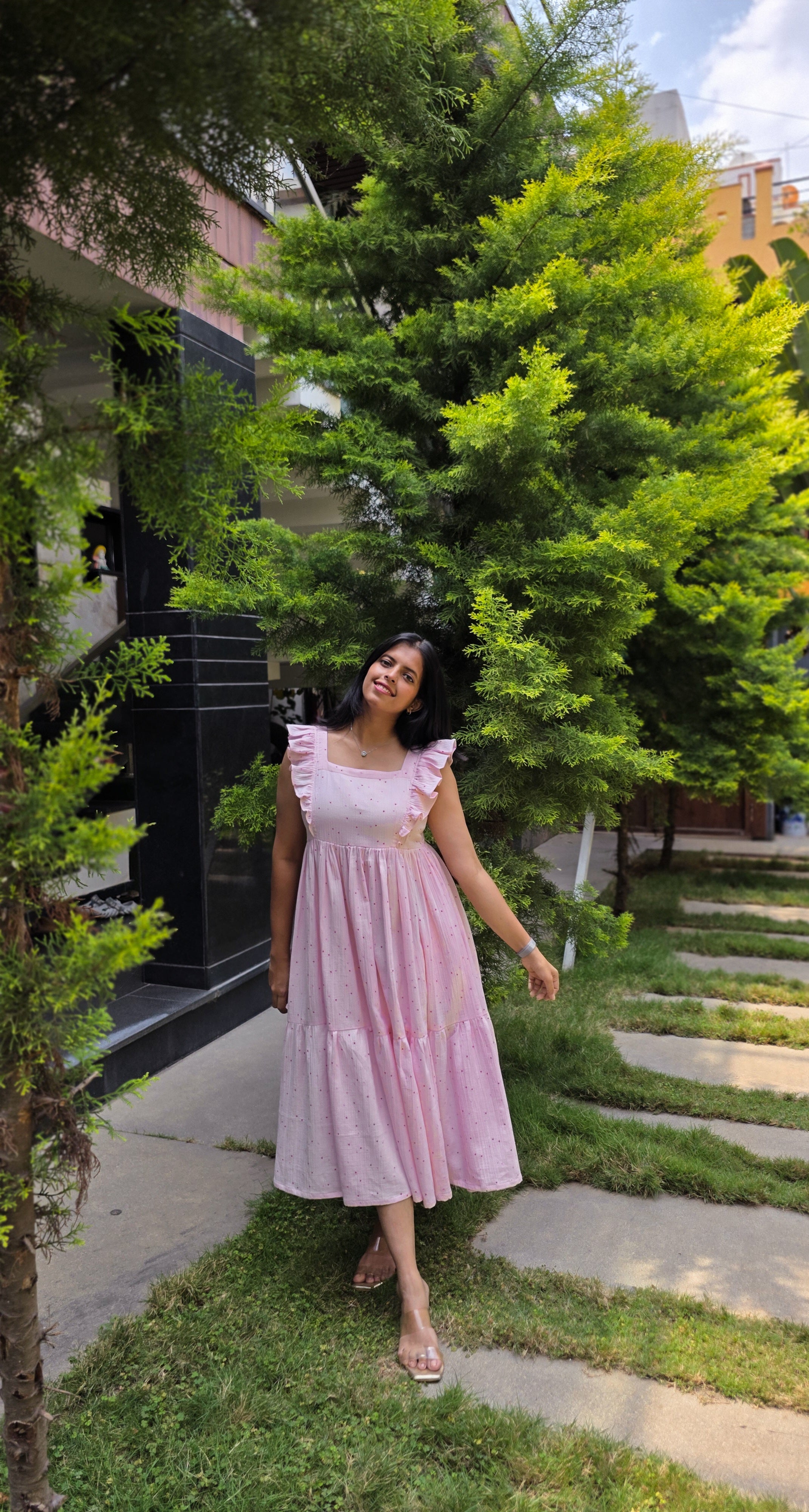 Baby Pink Muslin 2-Tier Midi Dress