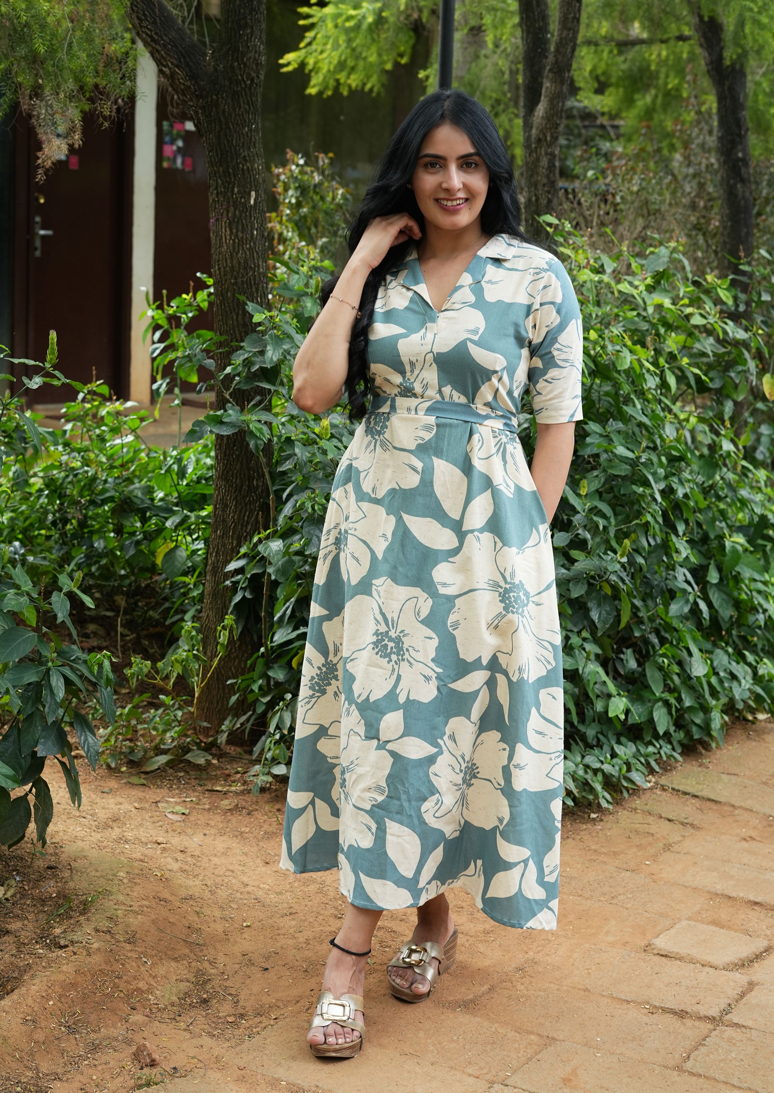 Teal Floral Flex Cotton Dress