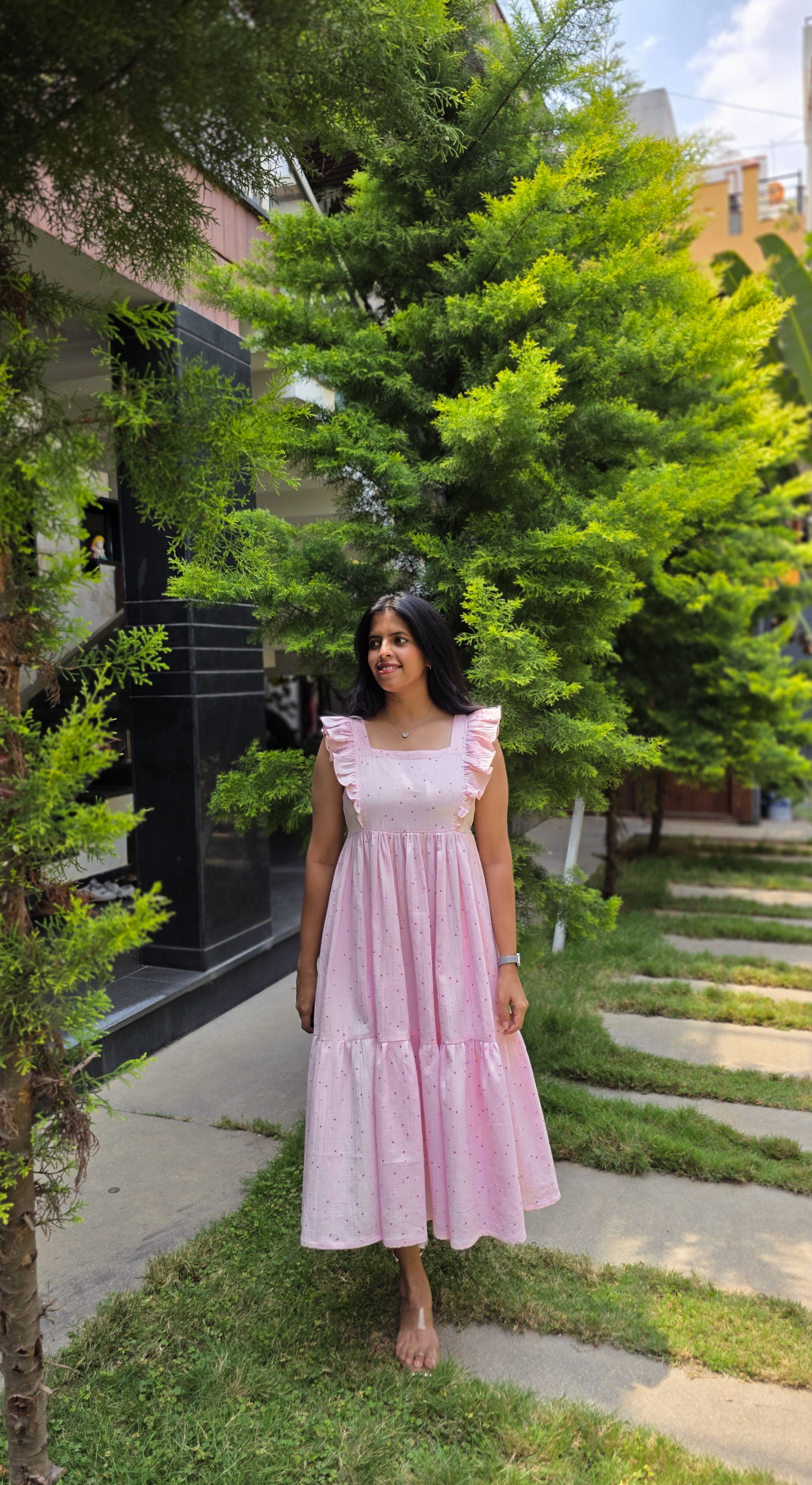 Baby Pink Muslin 2-Tier Midi Dress