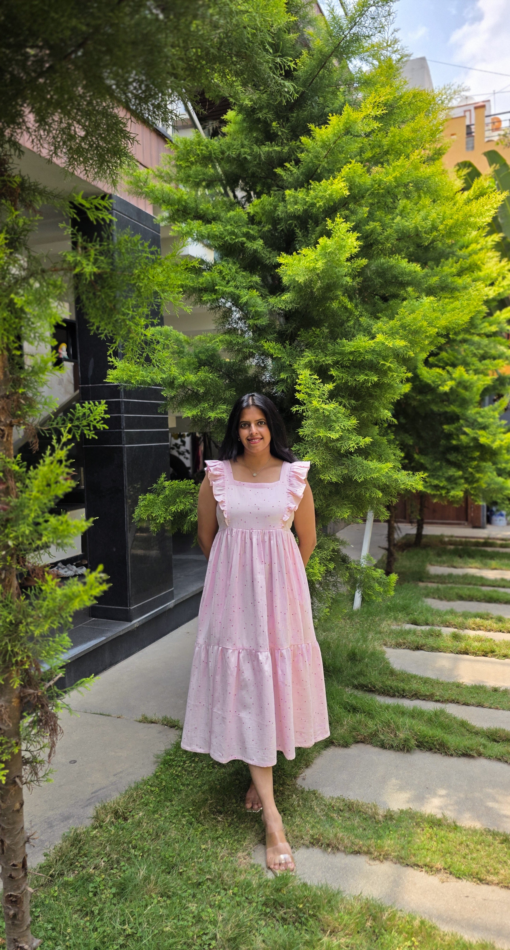 Baby Pink Muslin 2-Tier Midi Dress