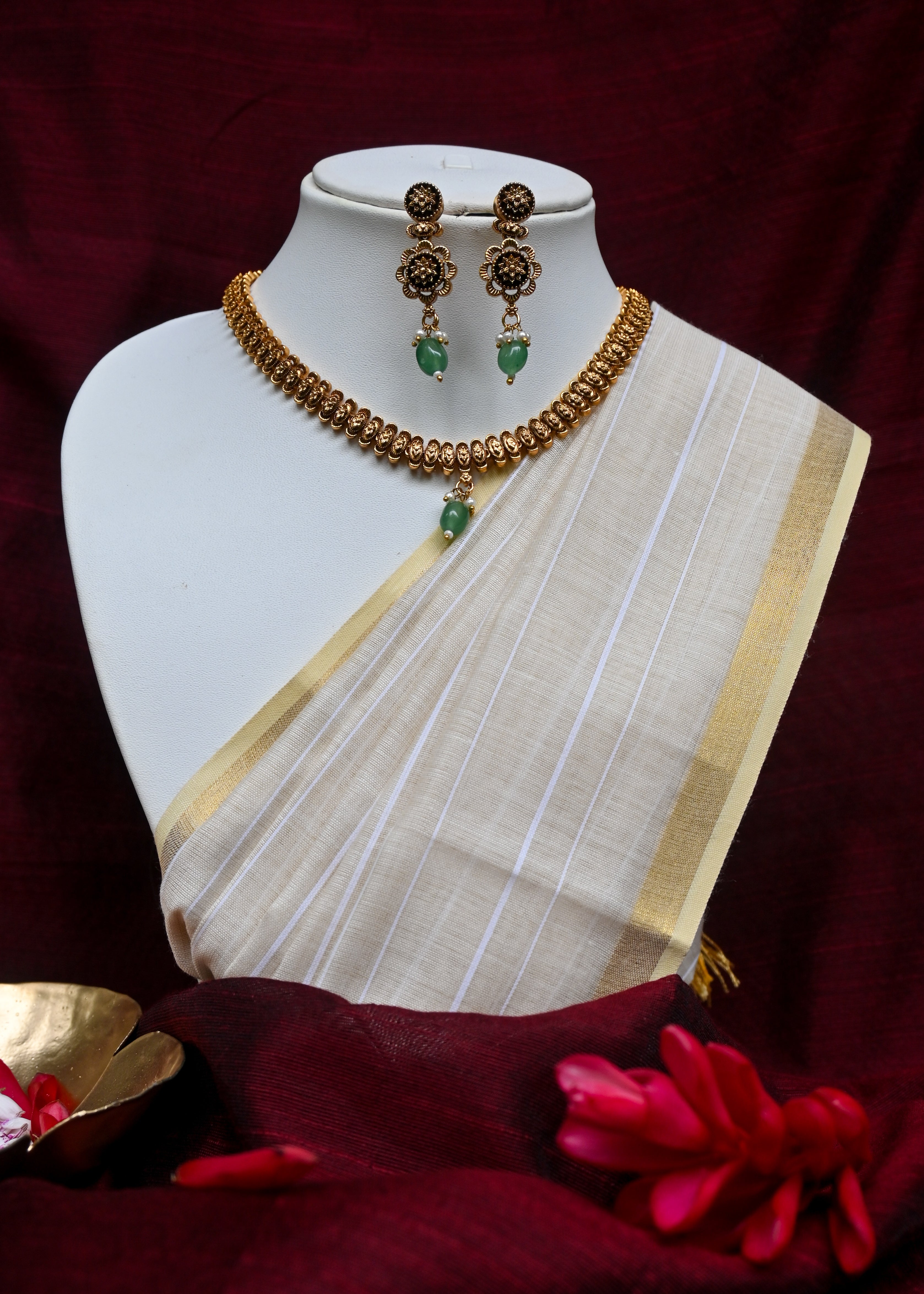 Aavya - Gold Toned Choker With Green onyx Drops