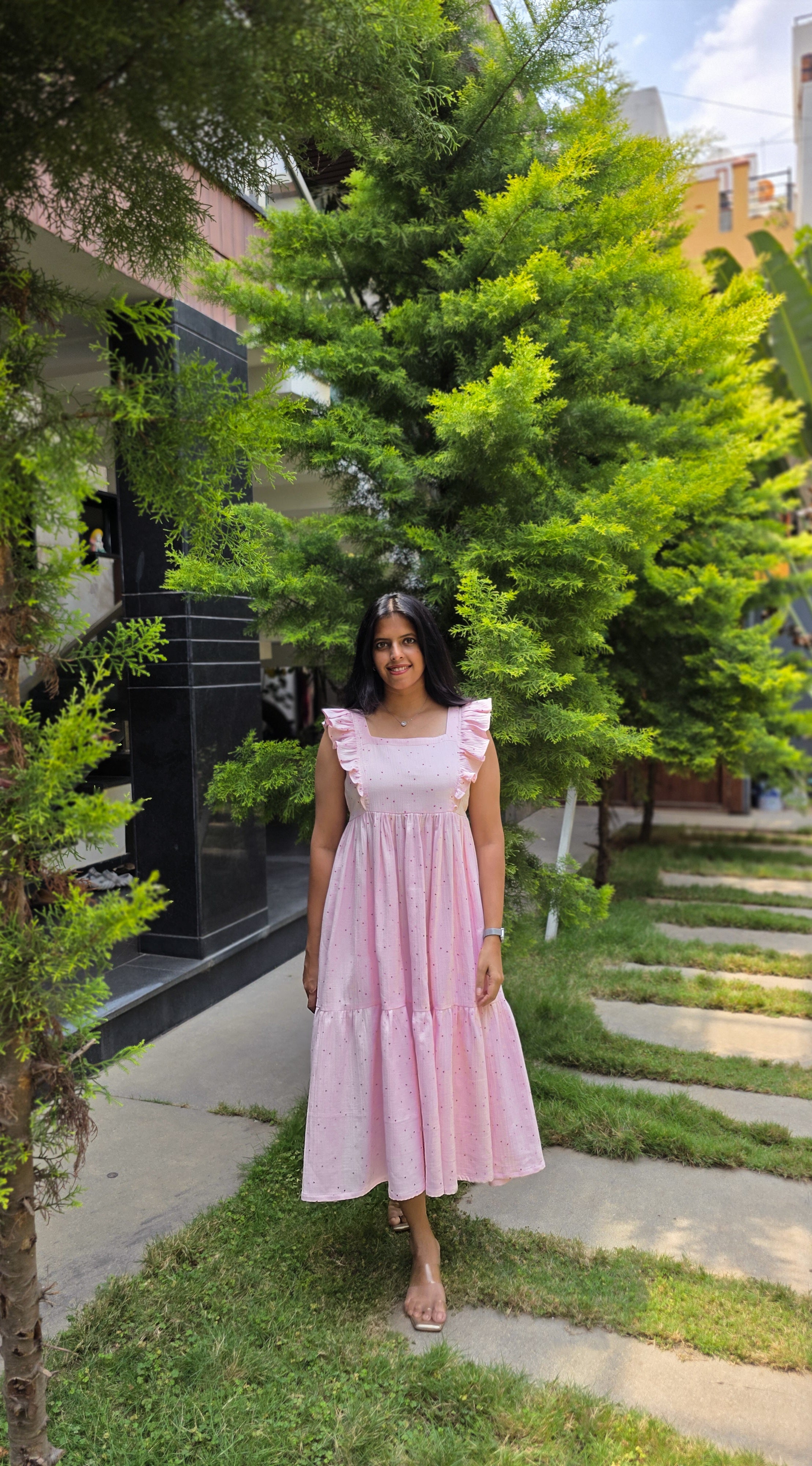 Baby Pink Muslin 2-Tier Midi Dress