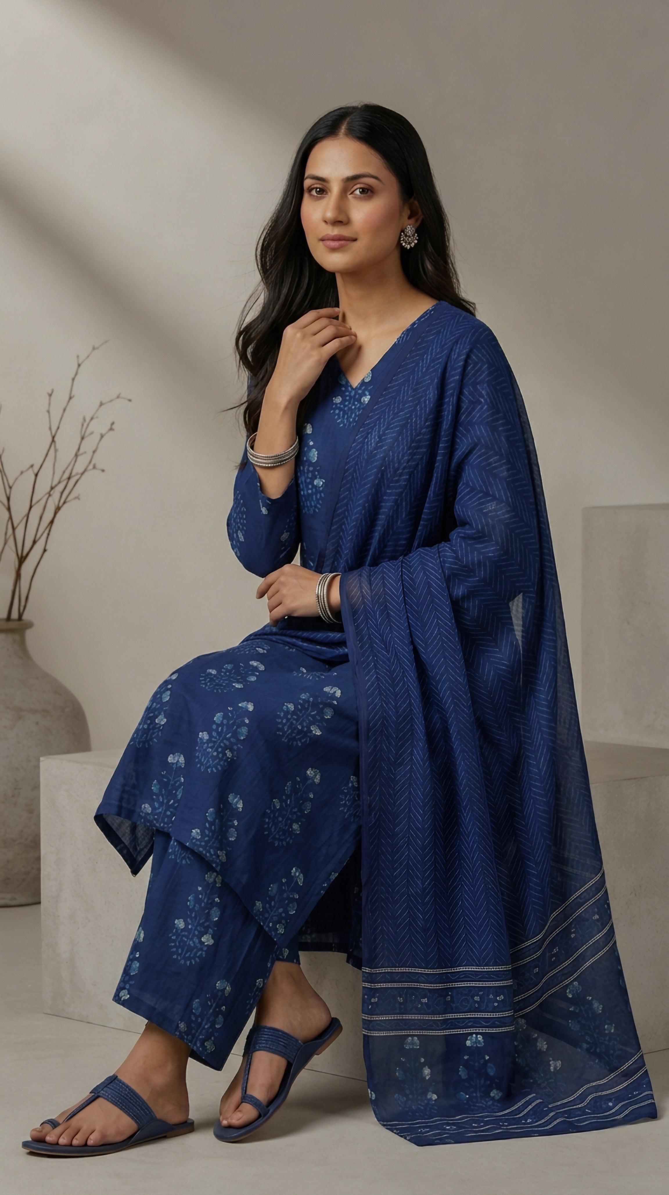 Navy Blue Cotton A-Line Kurta set