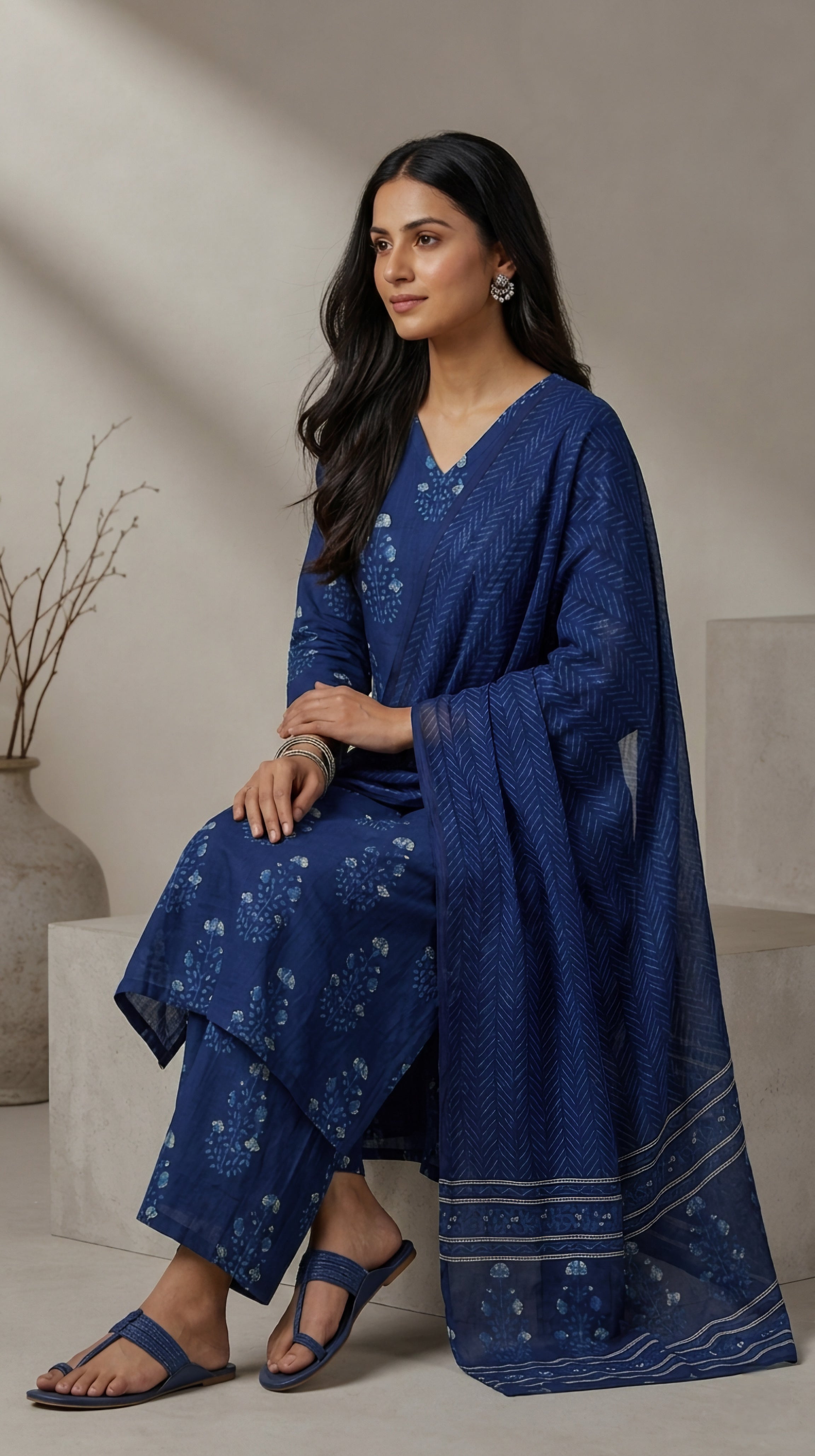 Navy Blue Cotton A-Line Kurta set