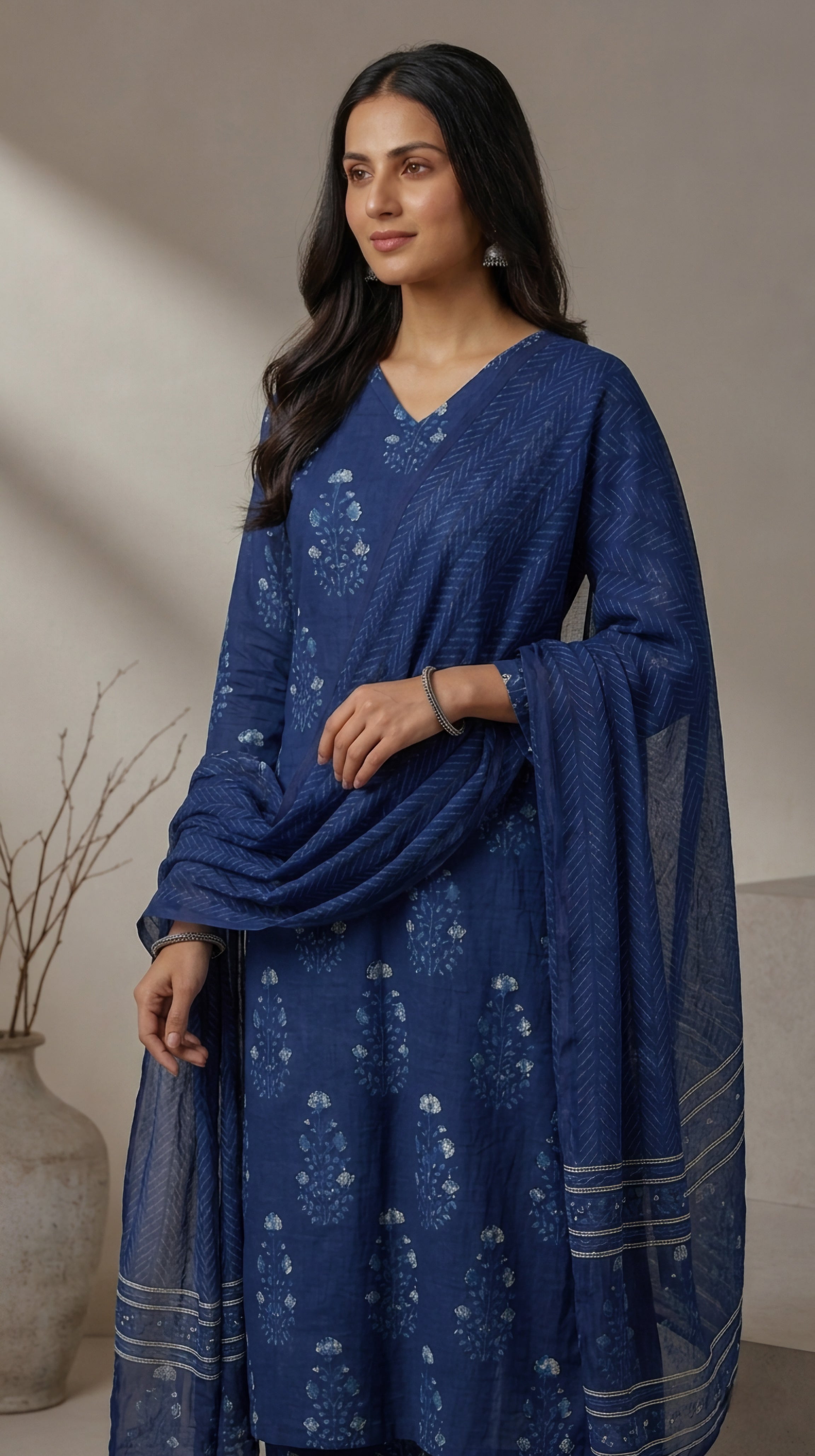 Navy Blue Cotton A-Line Kurta set