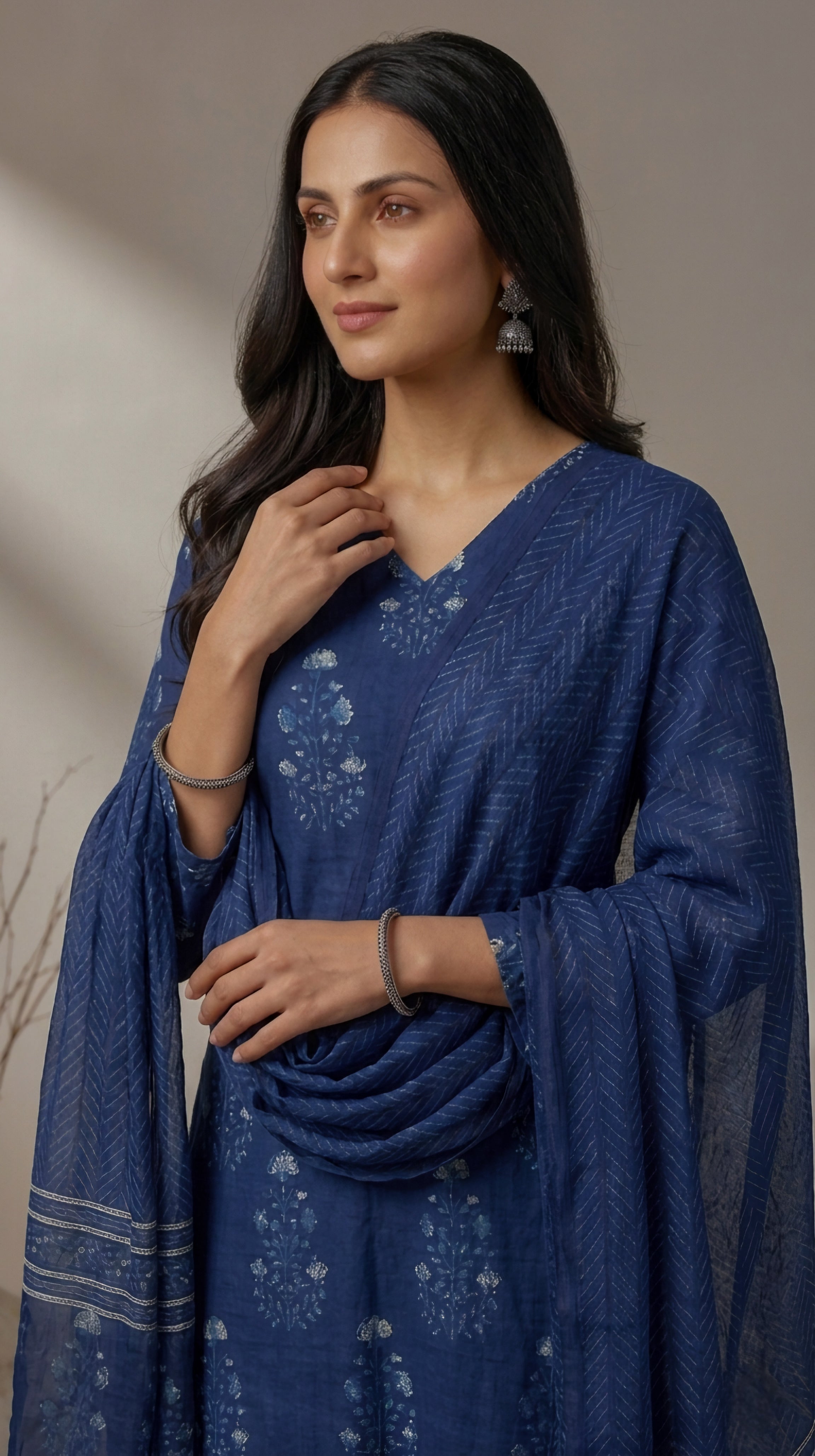Navy Blue Cotton A-Line Kurta set