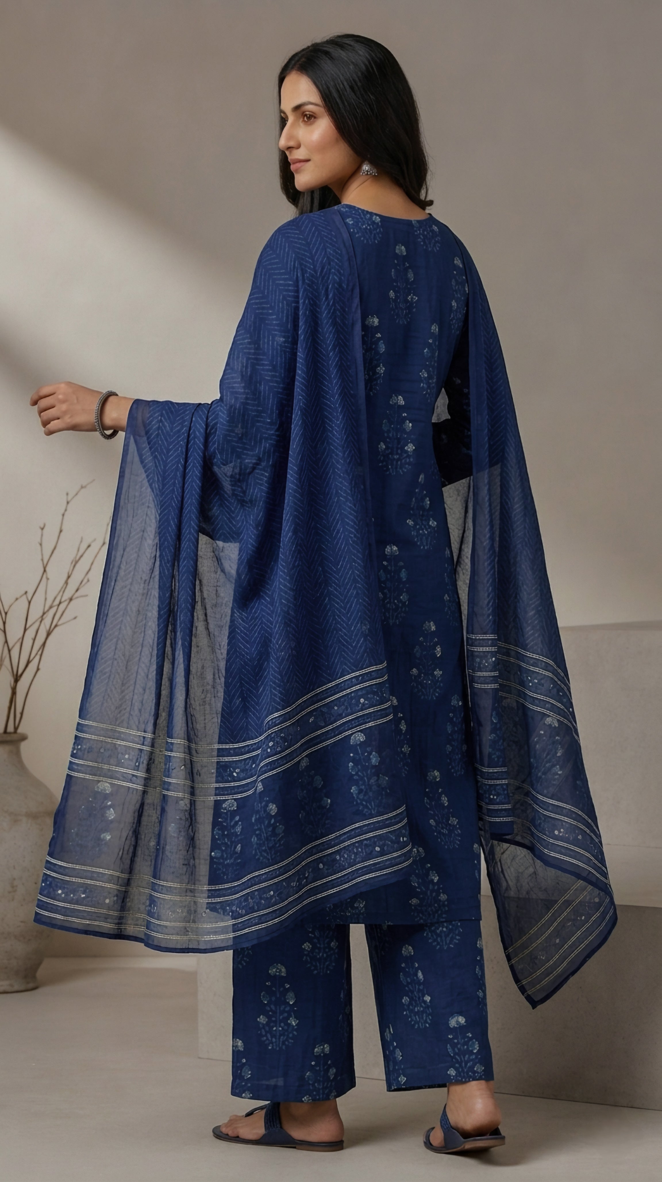 Navy Blue Cotton A-Line Kurta set