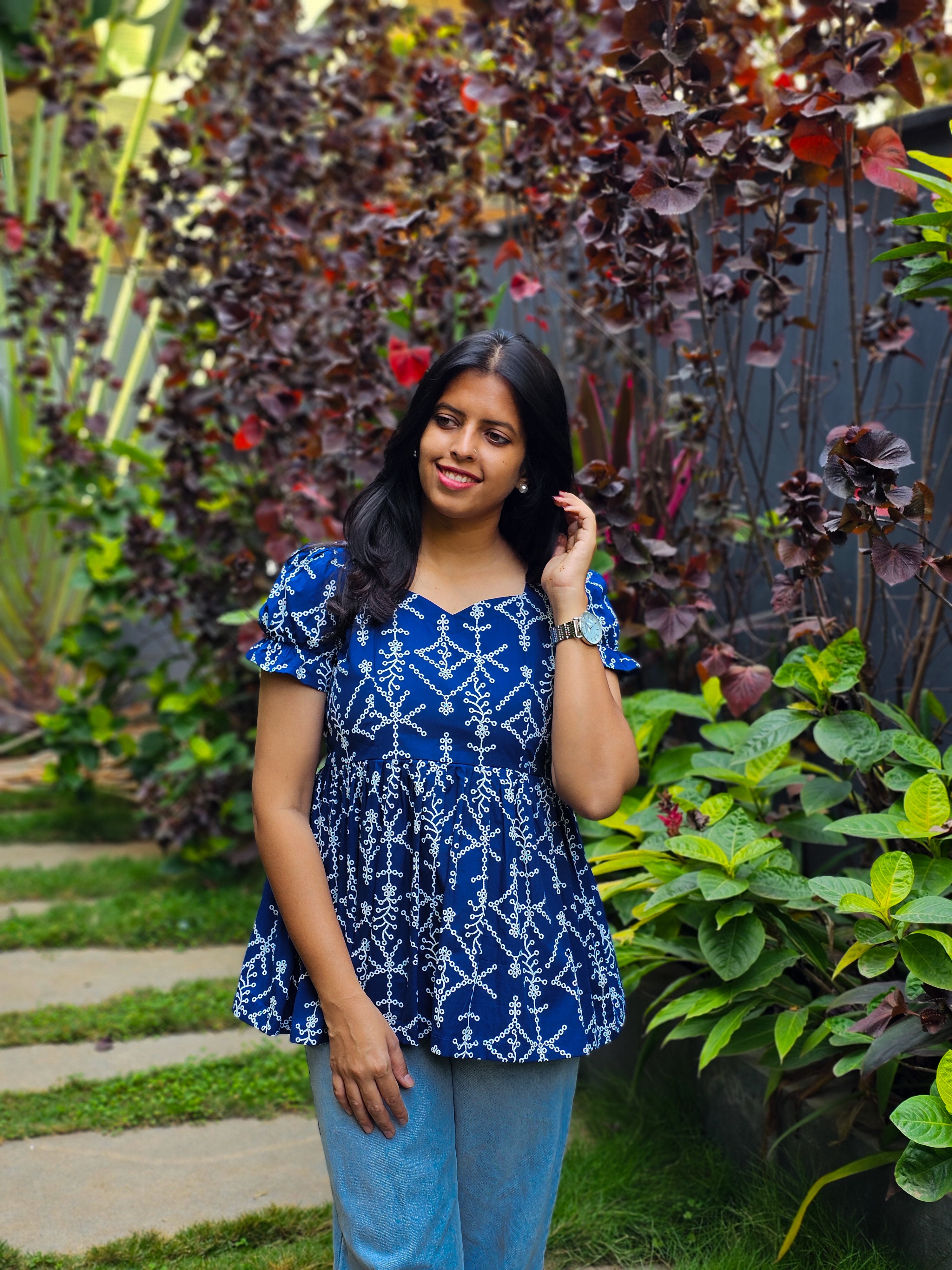 JENNY - Royal Blue Hakoba Print Top