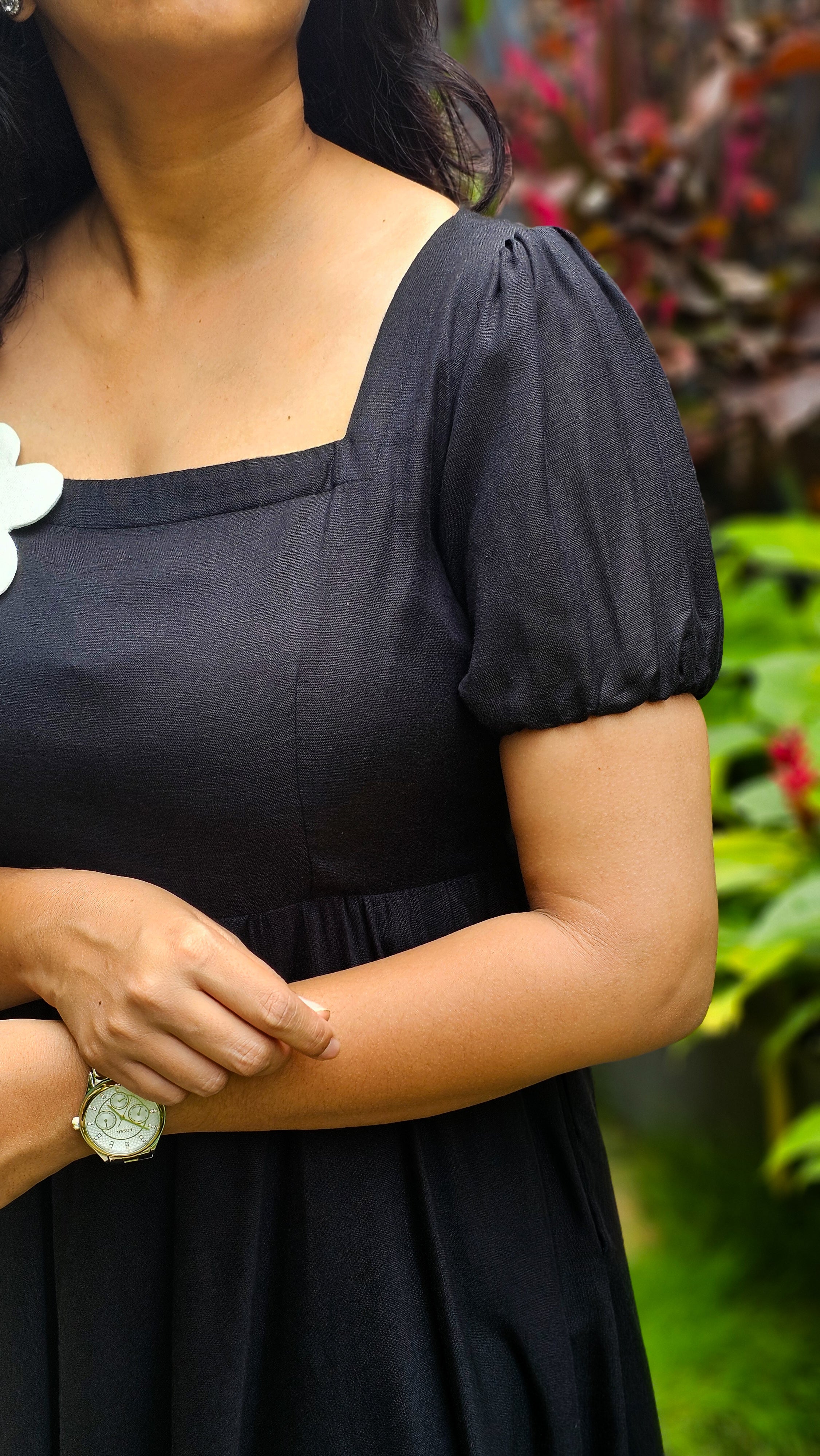 My Princess - Black Viscose Linen Floral Patchwork Flared Dress