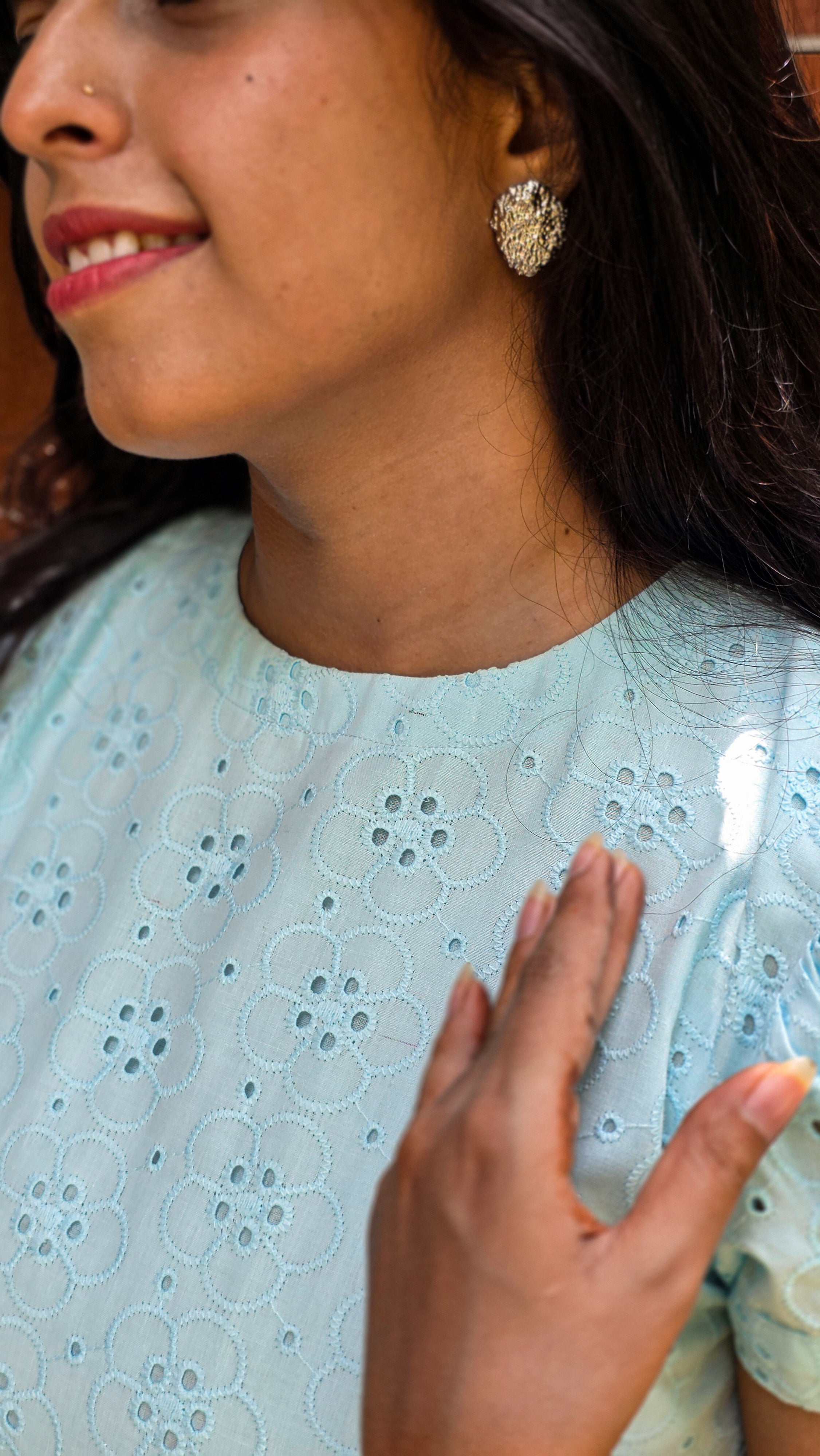 Powder Blue Schiffli A-line Puff Sleeve Midi Dress