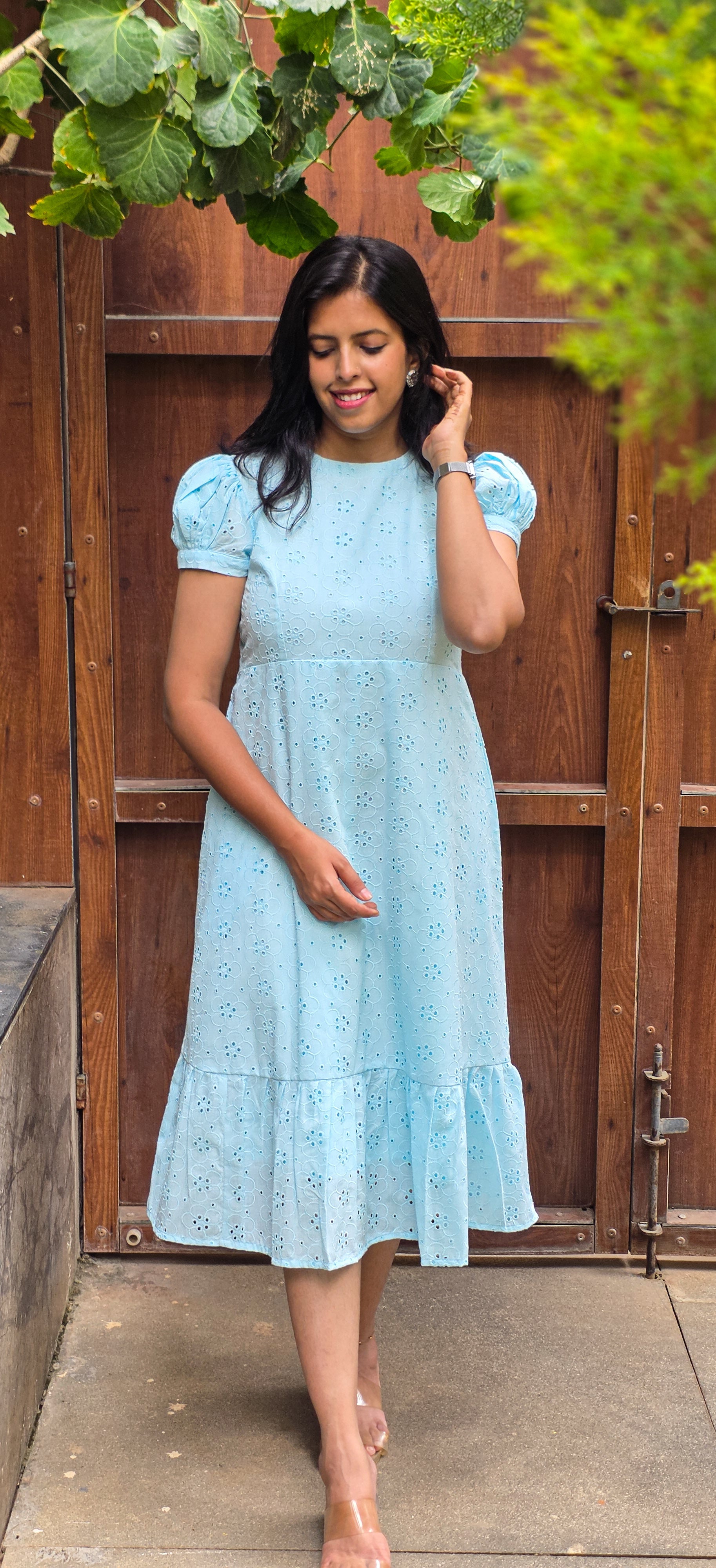 Powder Blue Schiffli A-line Puff Sleeve Midi Dress