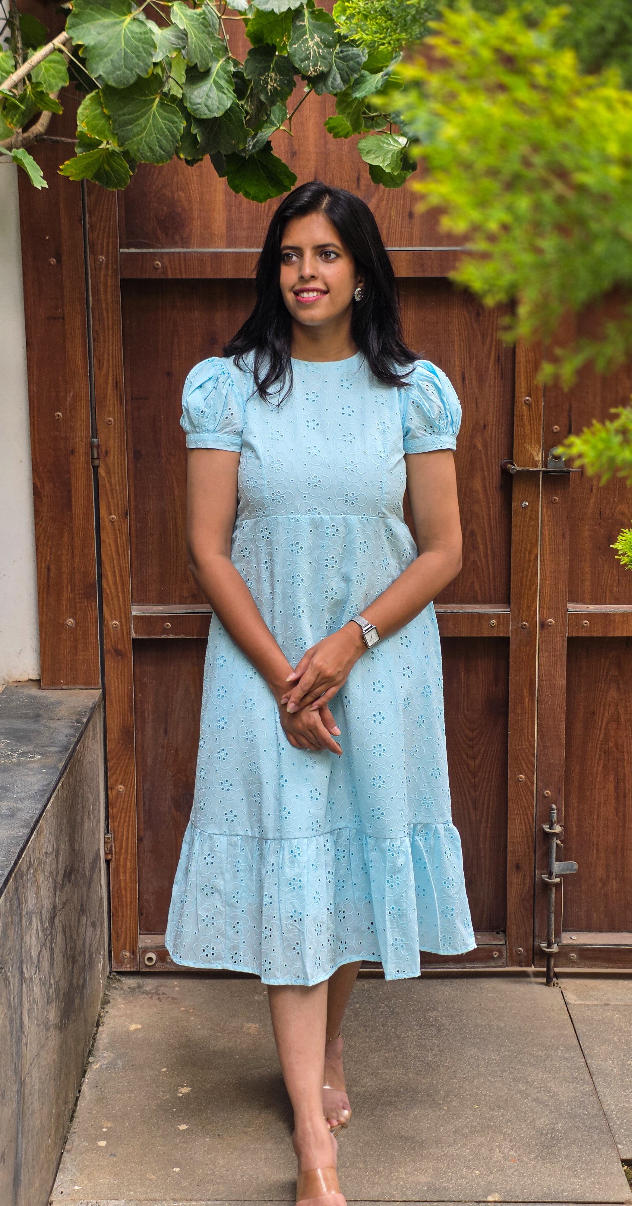 Powder Blue Schiffli A-line Puff Sleeve Midi Dress