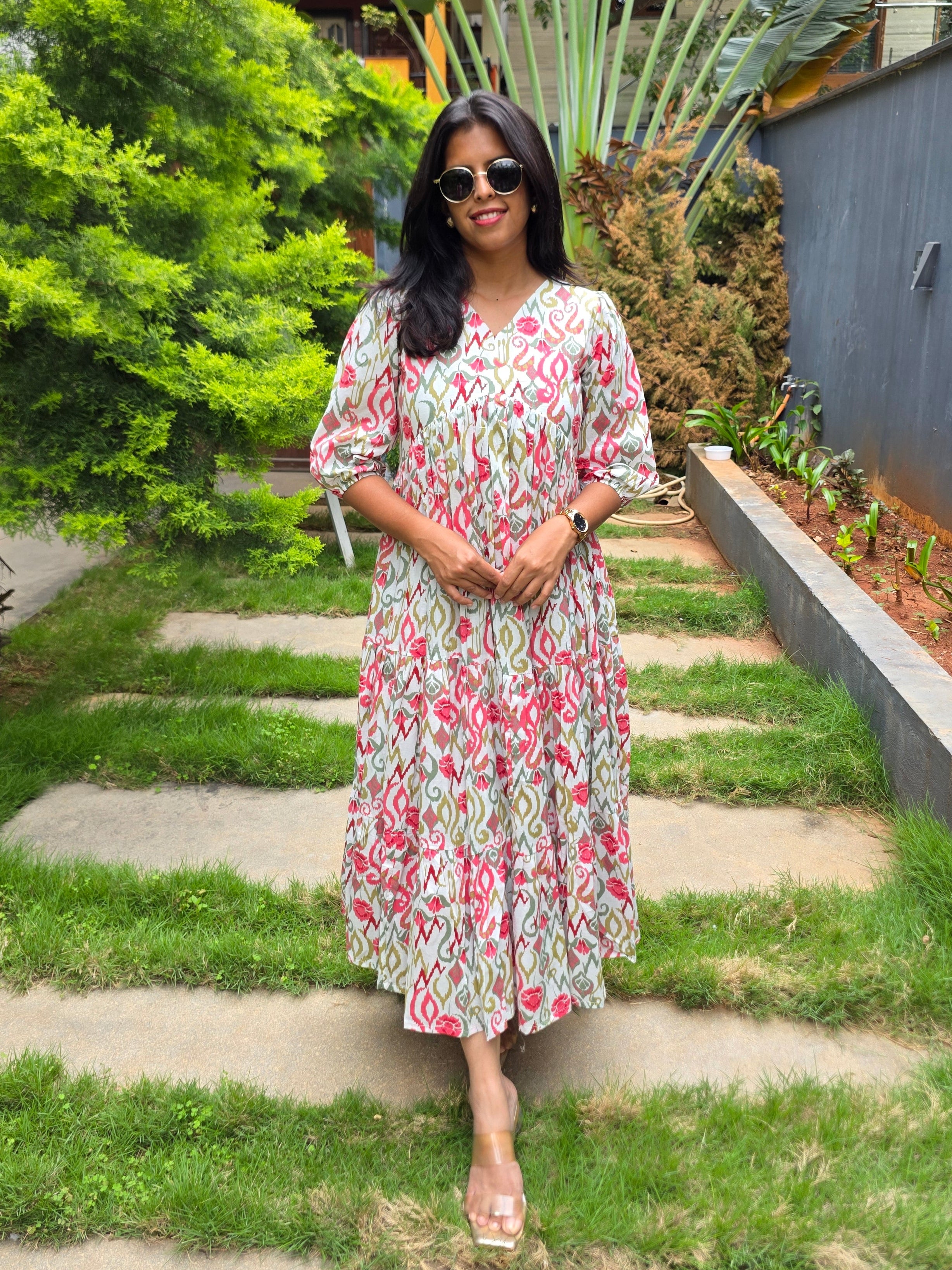 Floral Cotton 3-Tier Flared Maxi Dress