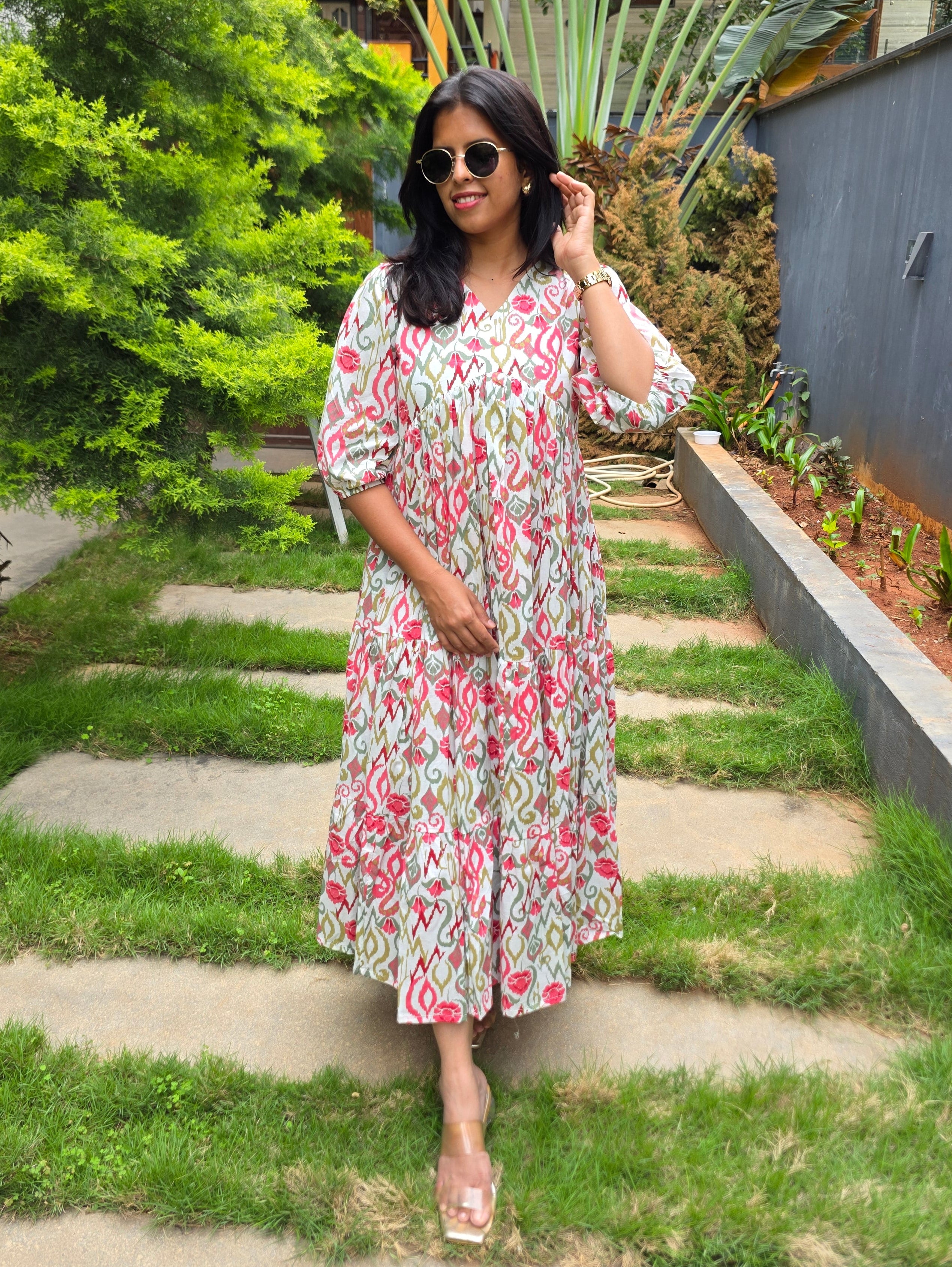 Floral Cotton 3-Tier Flared Maxi Dress