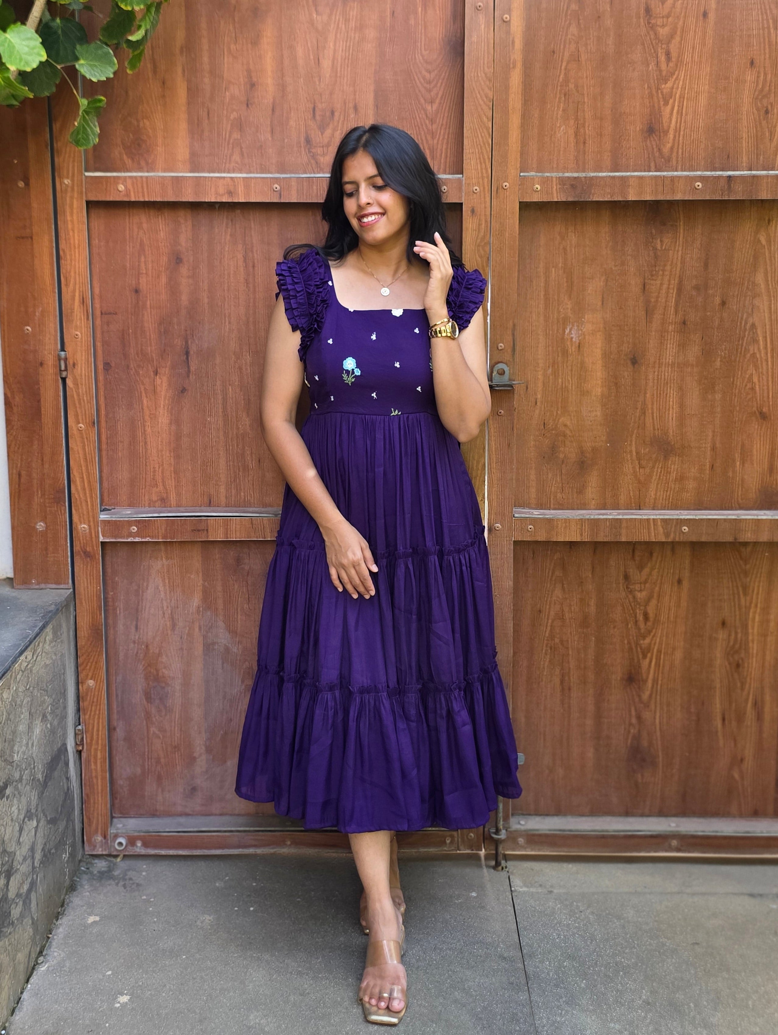 Vibrant Purple Embroidered Mul Chanderi Dress