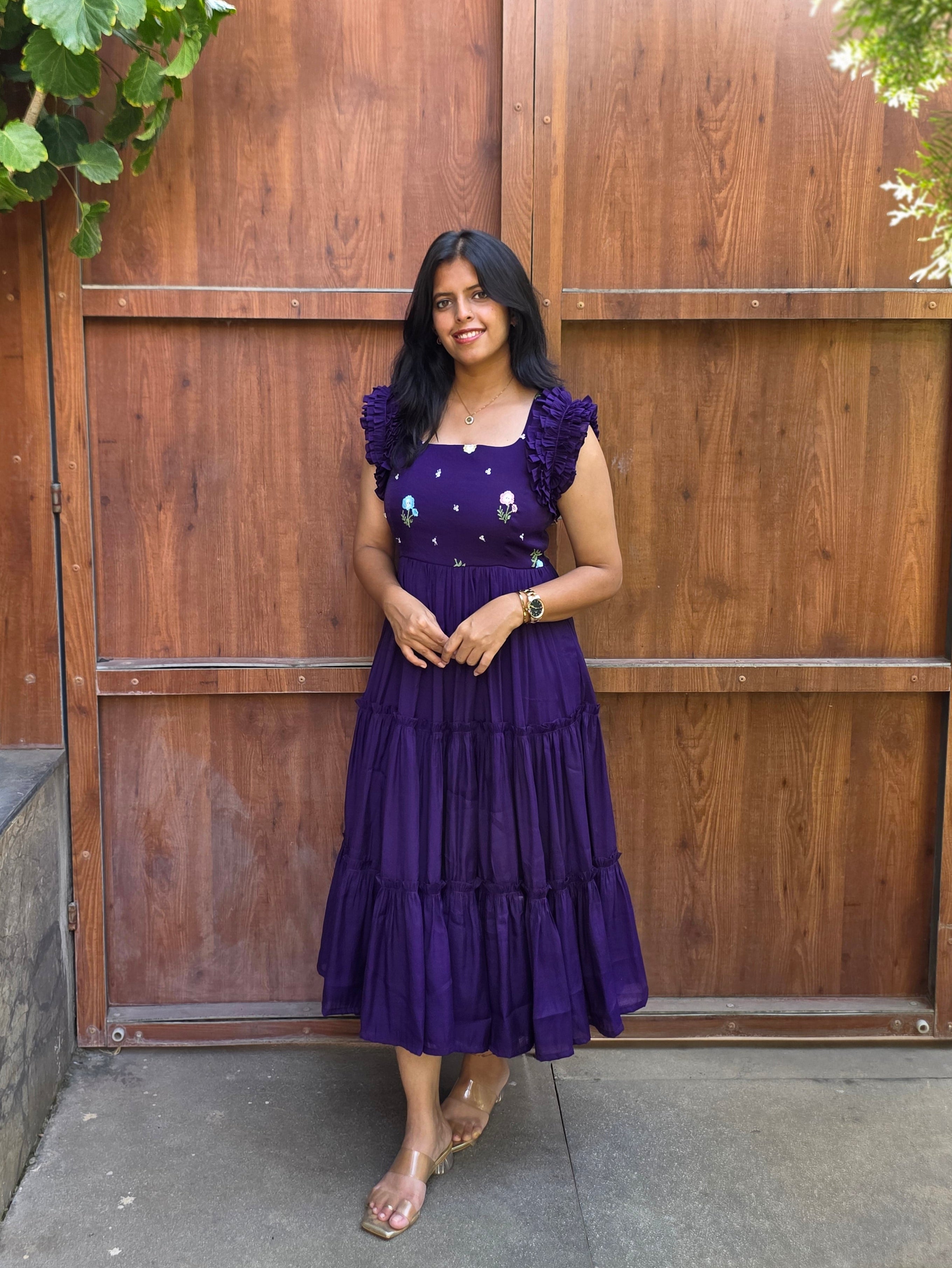 Vibrant Purple Embroidered Mul Chanderi Dress