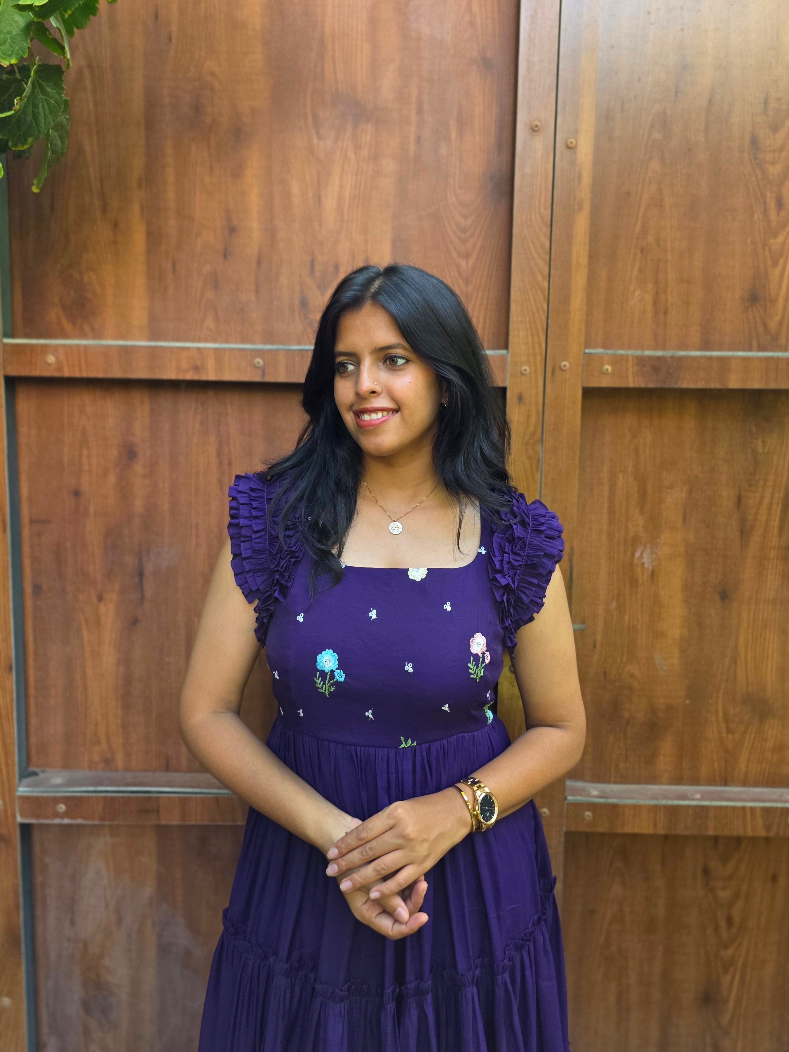 Vibrant Purple Embroidered Mul Chanderi Dress