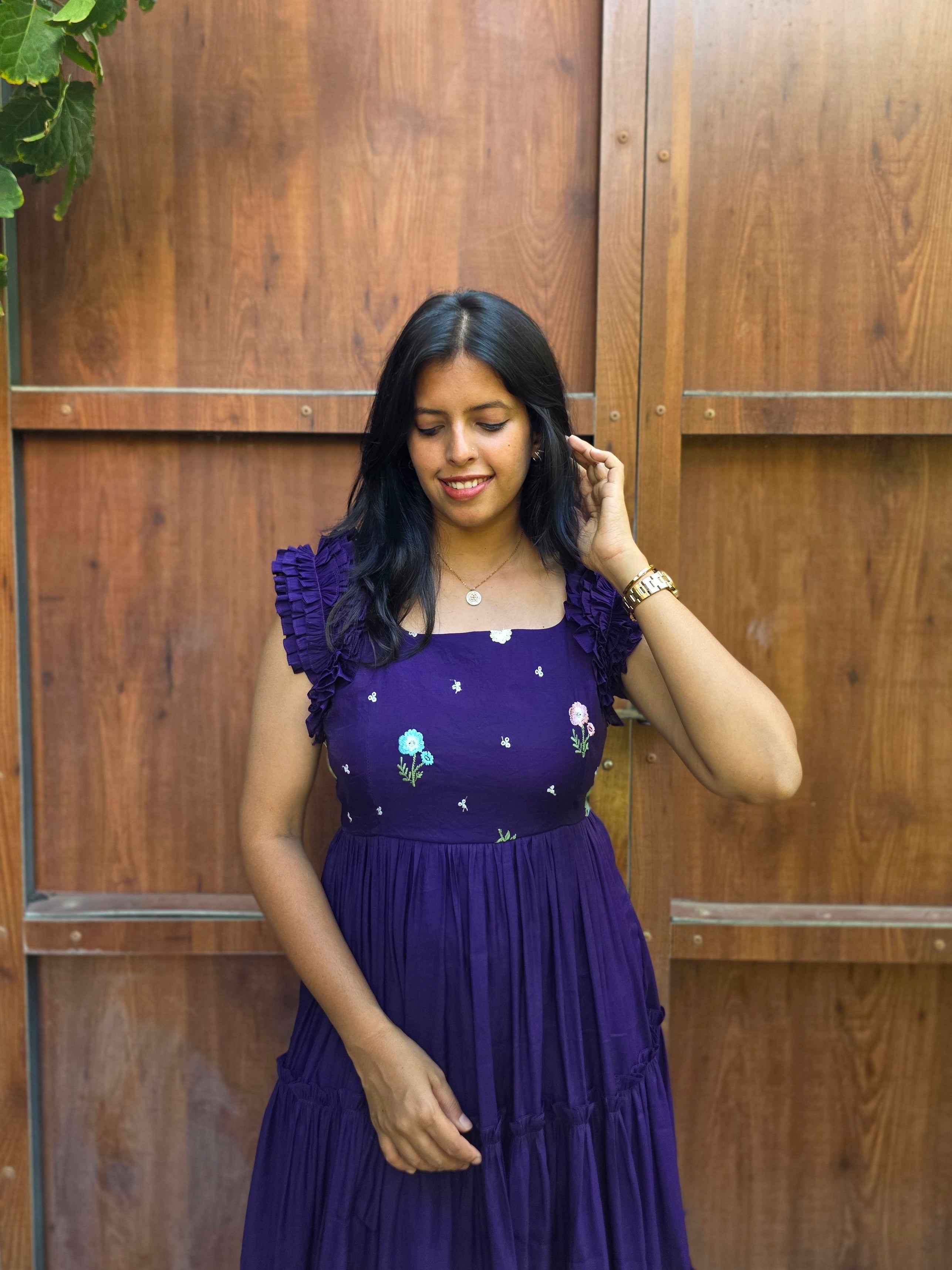 Vibrant Purple Embroidered Mul Chanderi Dress