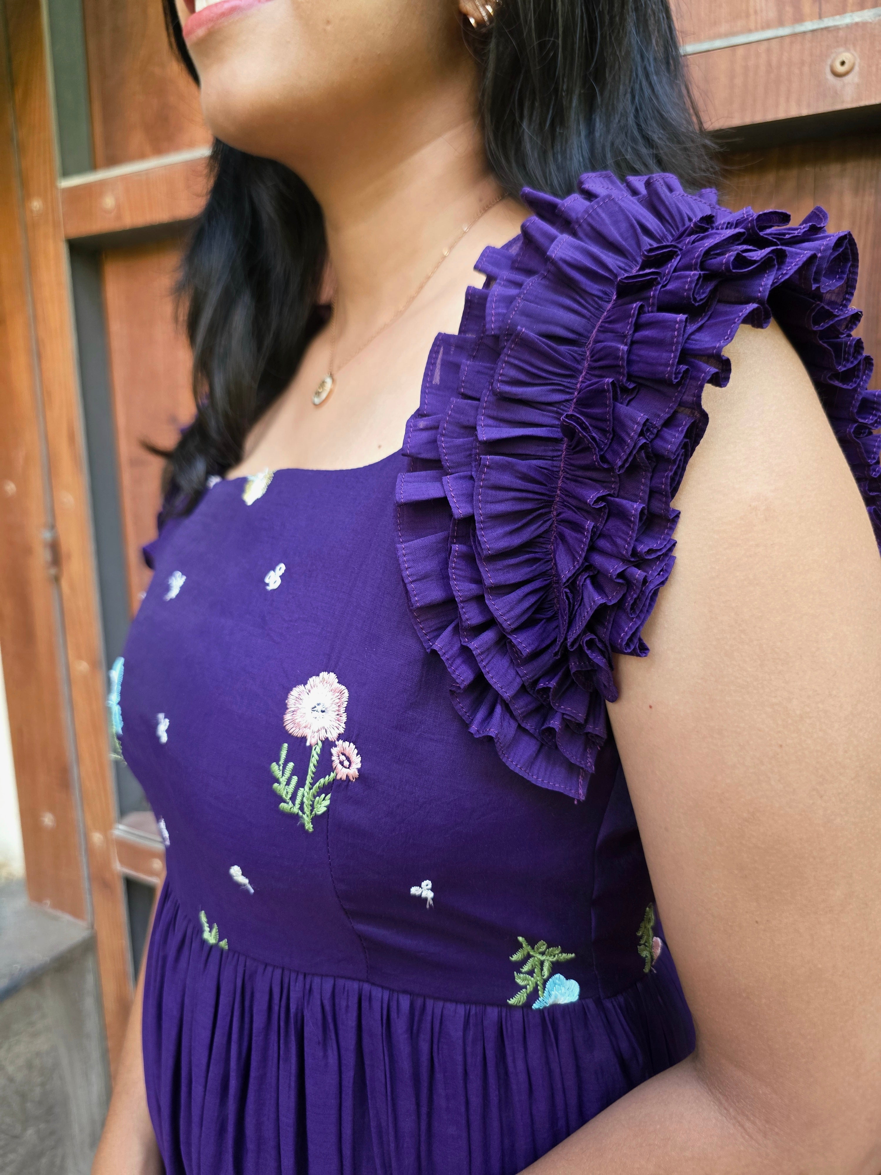 Vibrant Purple Embroidered Mul Chanderi Dress