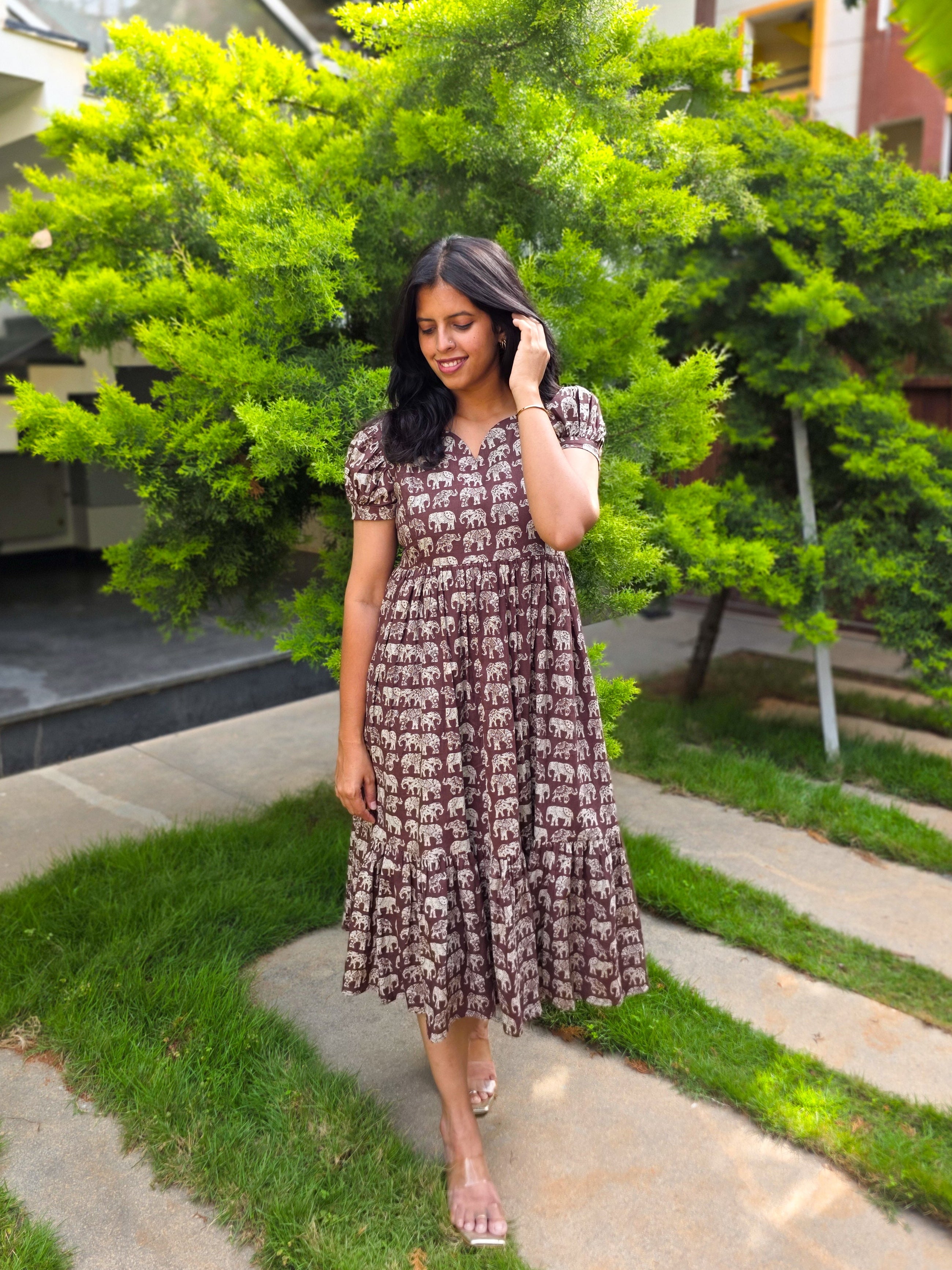 Earthy Brown Elephant Block Print Cotton Midi Dress