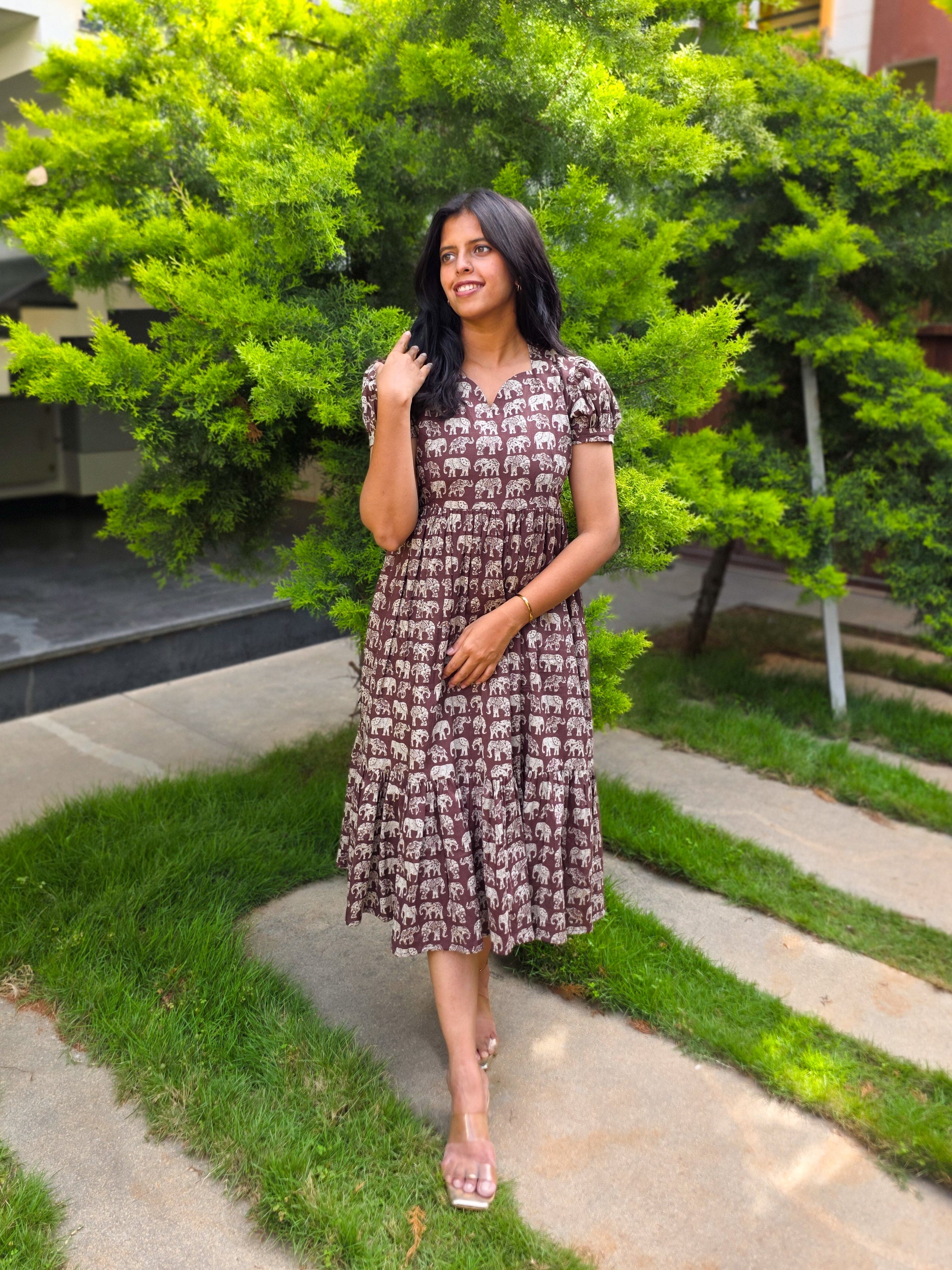 Earthy Brown Elephant Block Print Cotton Midi Dress