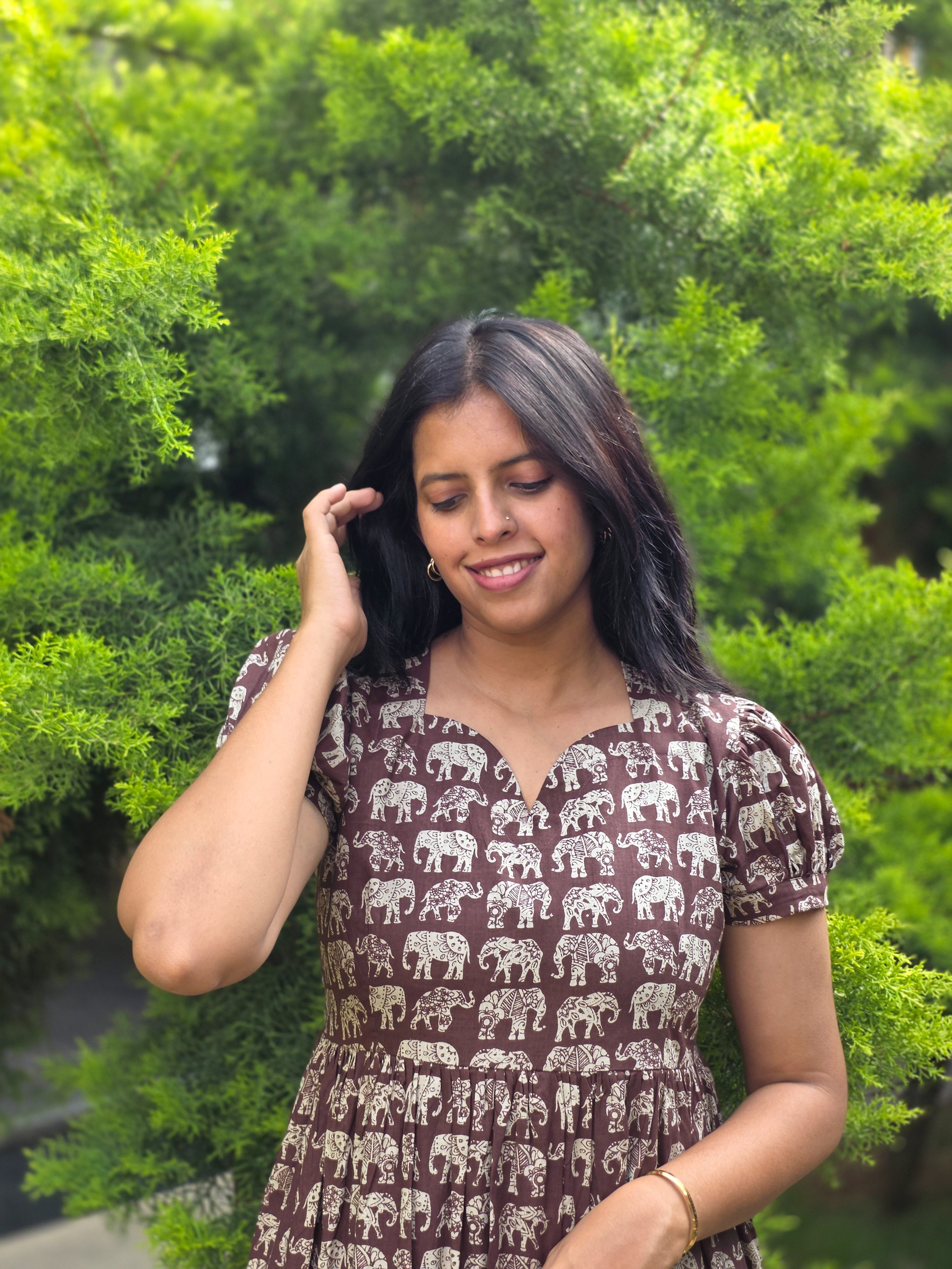 Earthy Brown Elephant Block Print Cotton Midi Dress