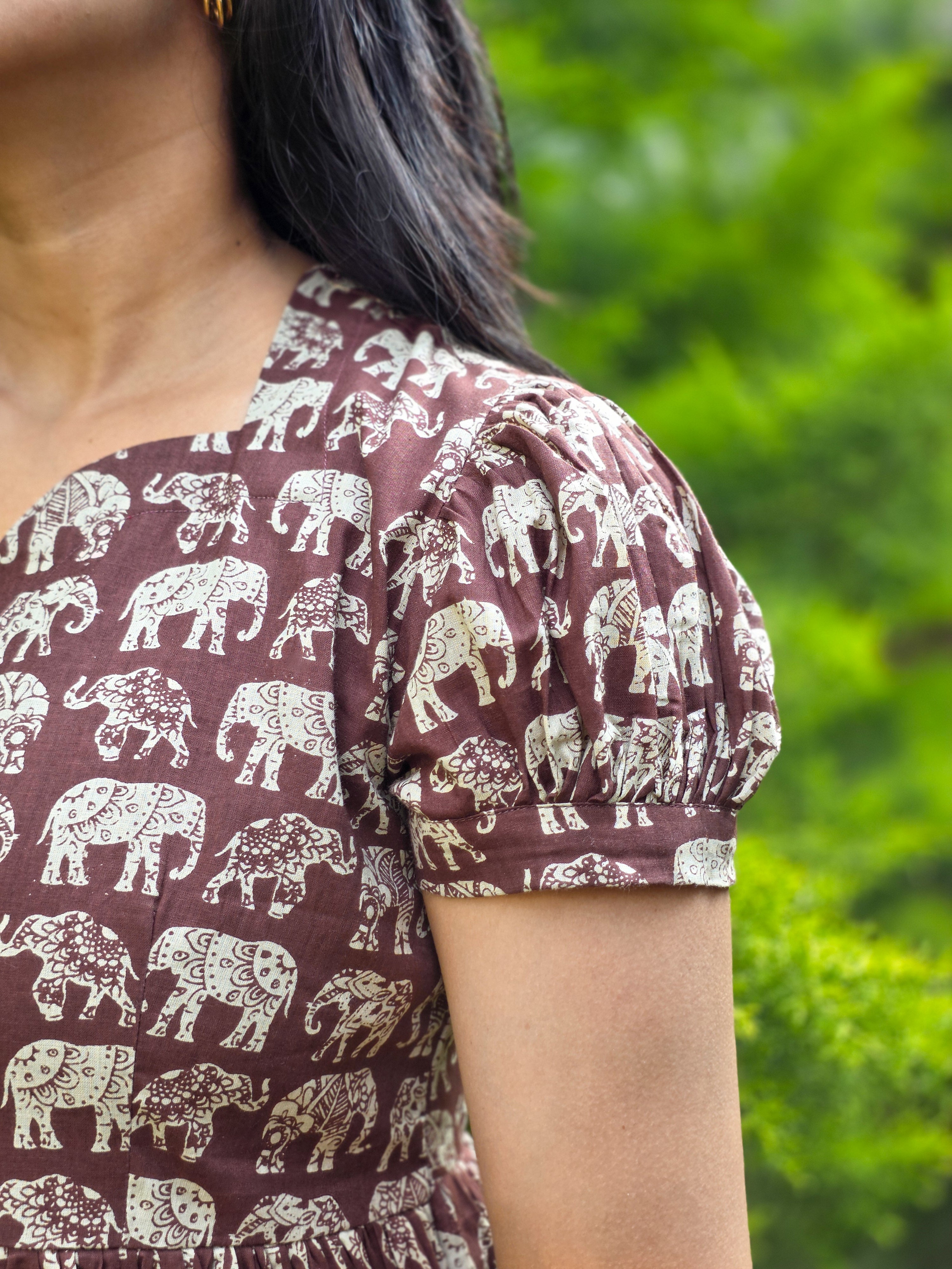 Earthy Brown Elephant Block Print Cotton Midi Dress