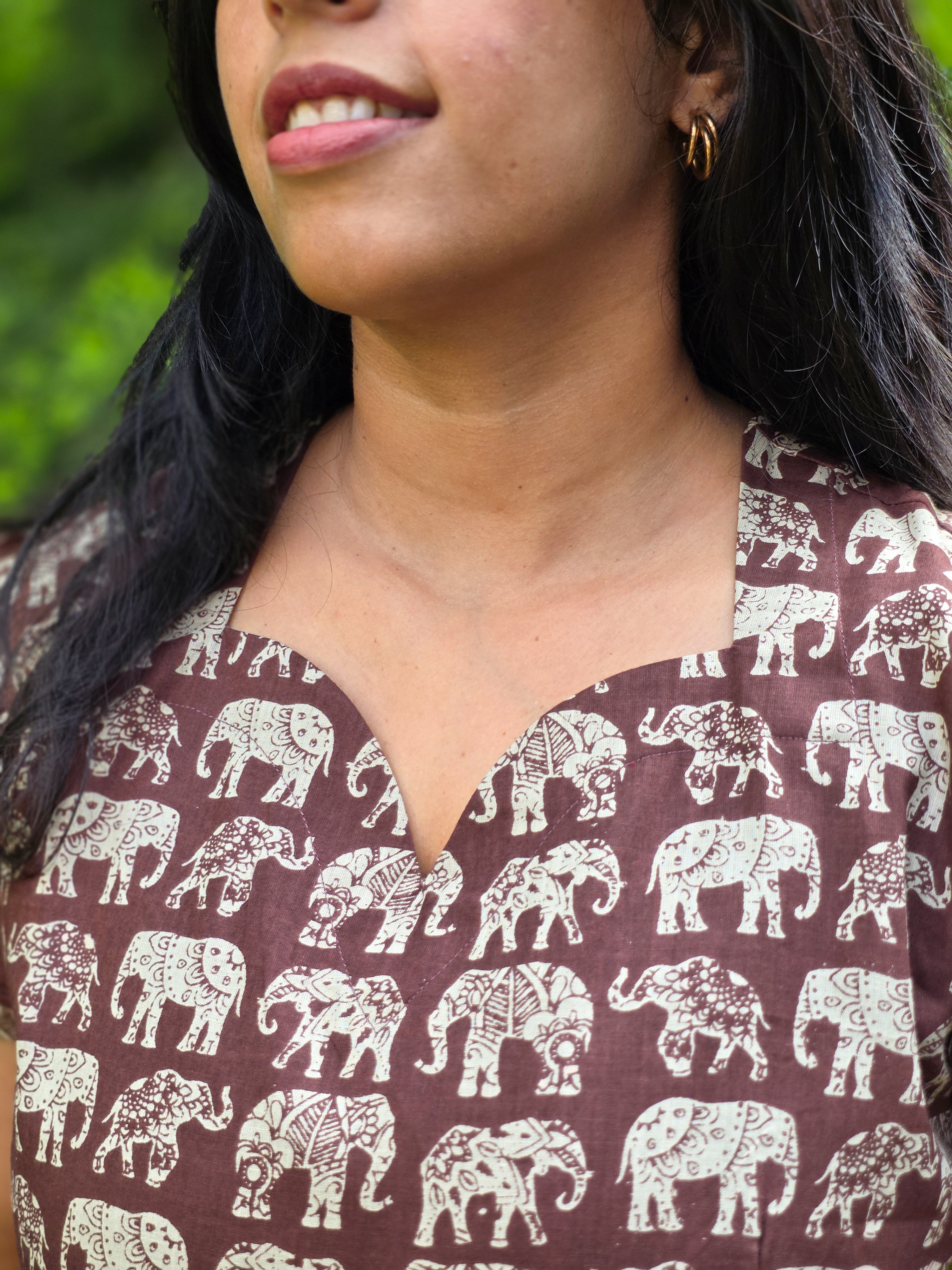 Earthy Brown Elephant Block Print Cotton Midi Dress