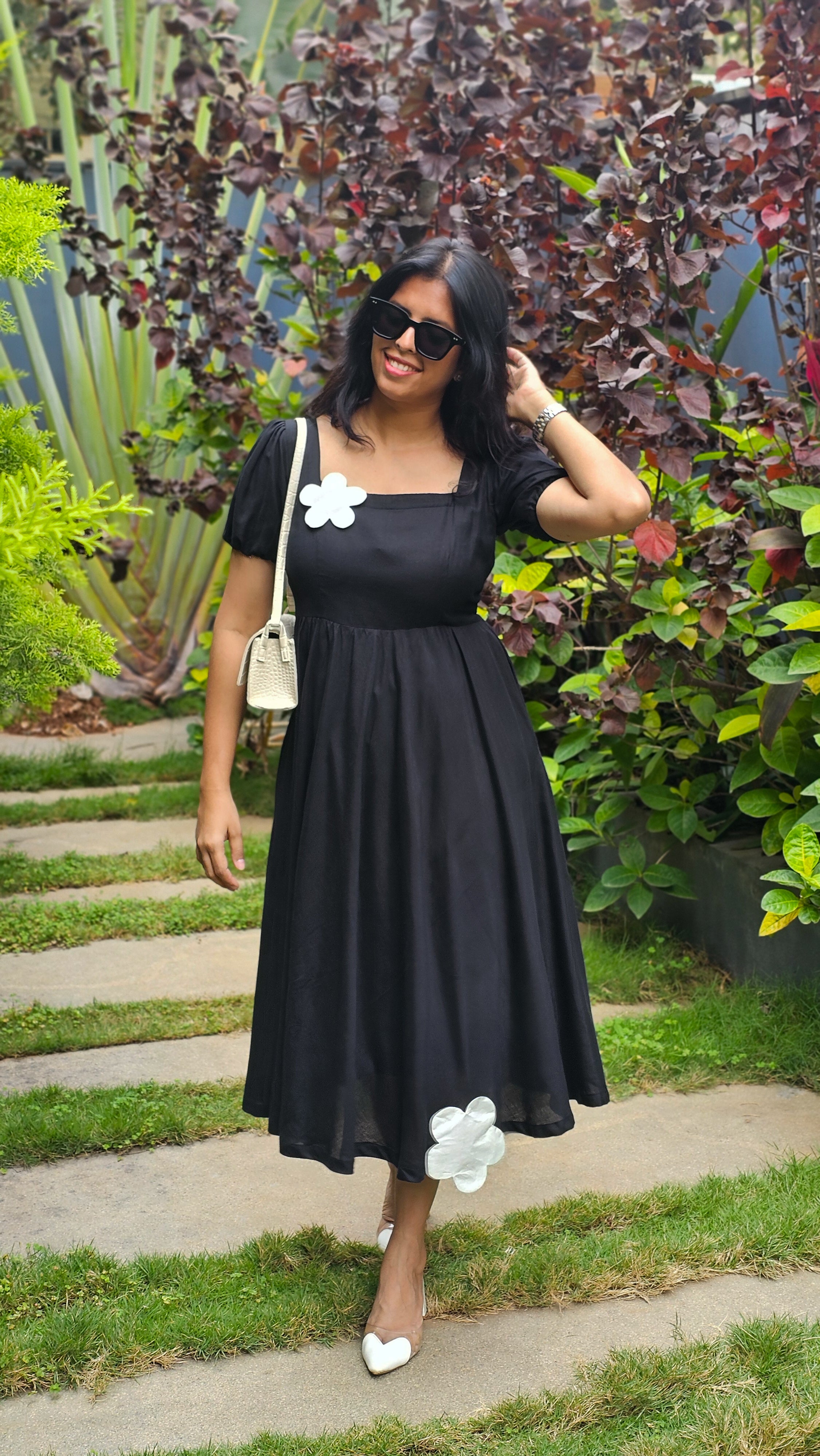 My Princess - Black Viscose Linen Floral Patchwork Flared Dress