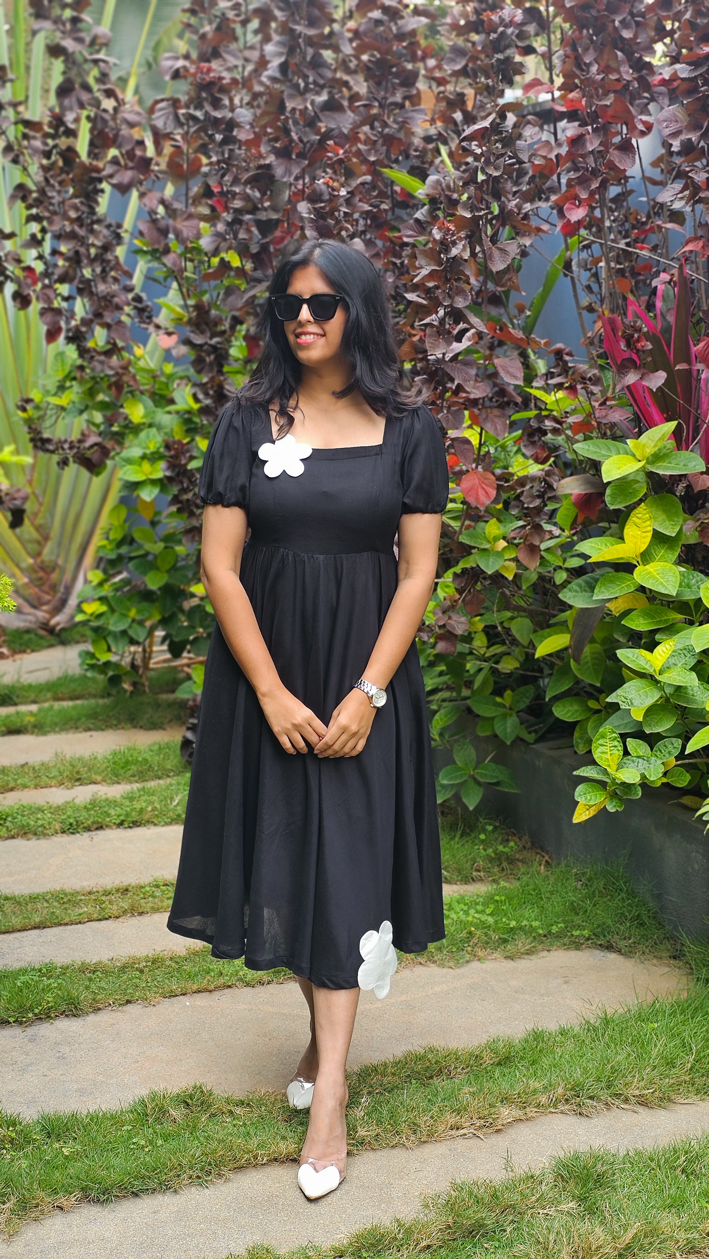 My Princess - Black Viscose Linen Floral Patchwork Flared Dress