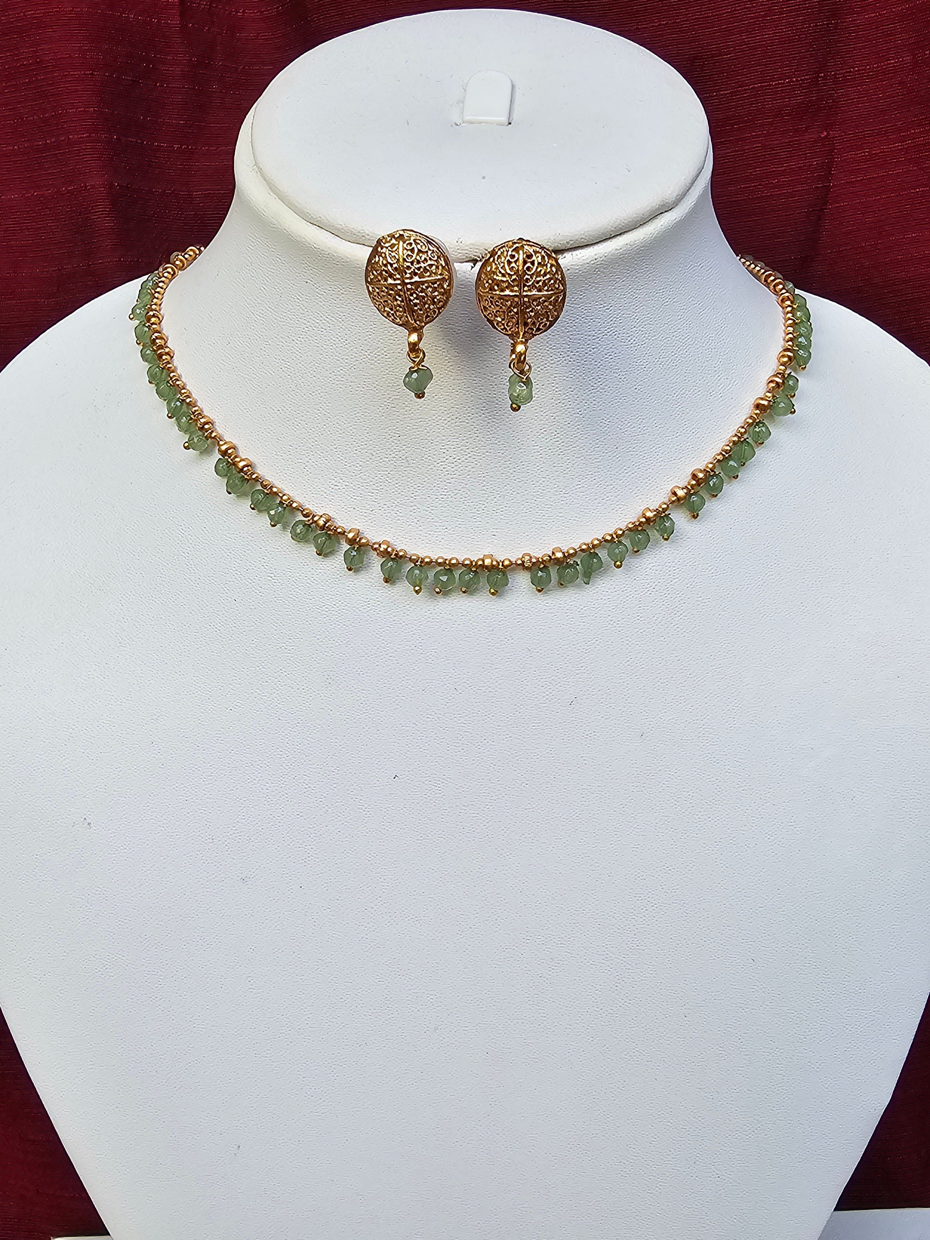 Lakshya - Gold bead with Green Crystal Drop Necklace Set