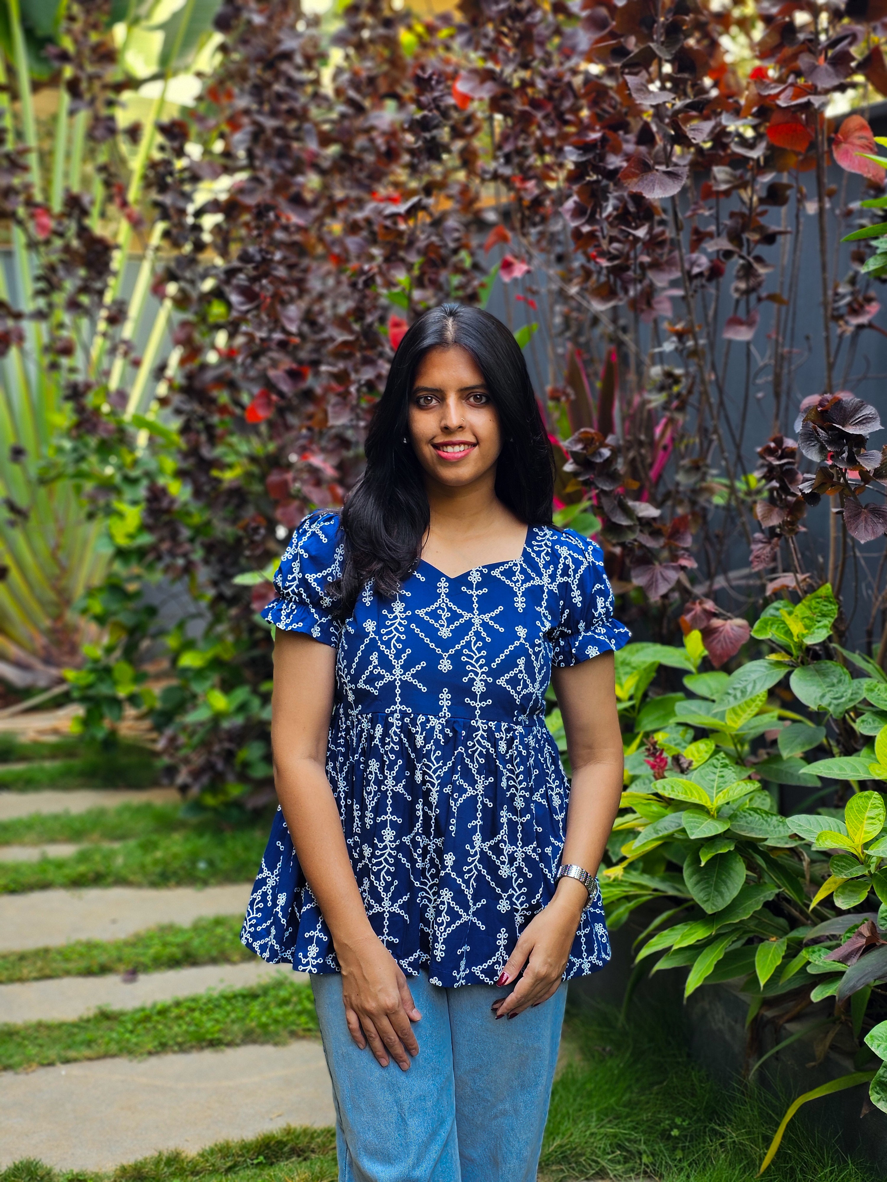 JENNY - Royal Blue Hakoba Print Top