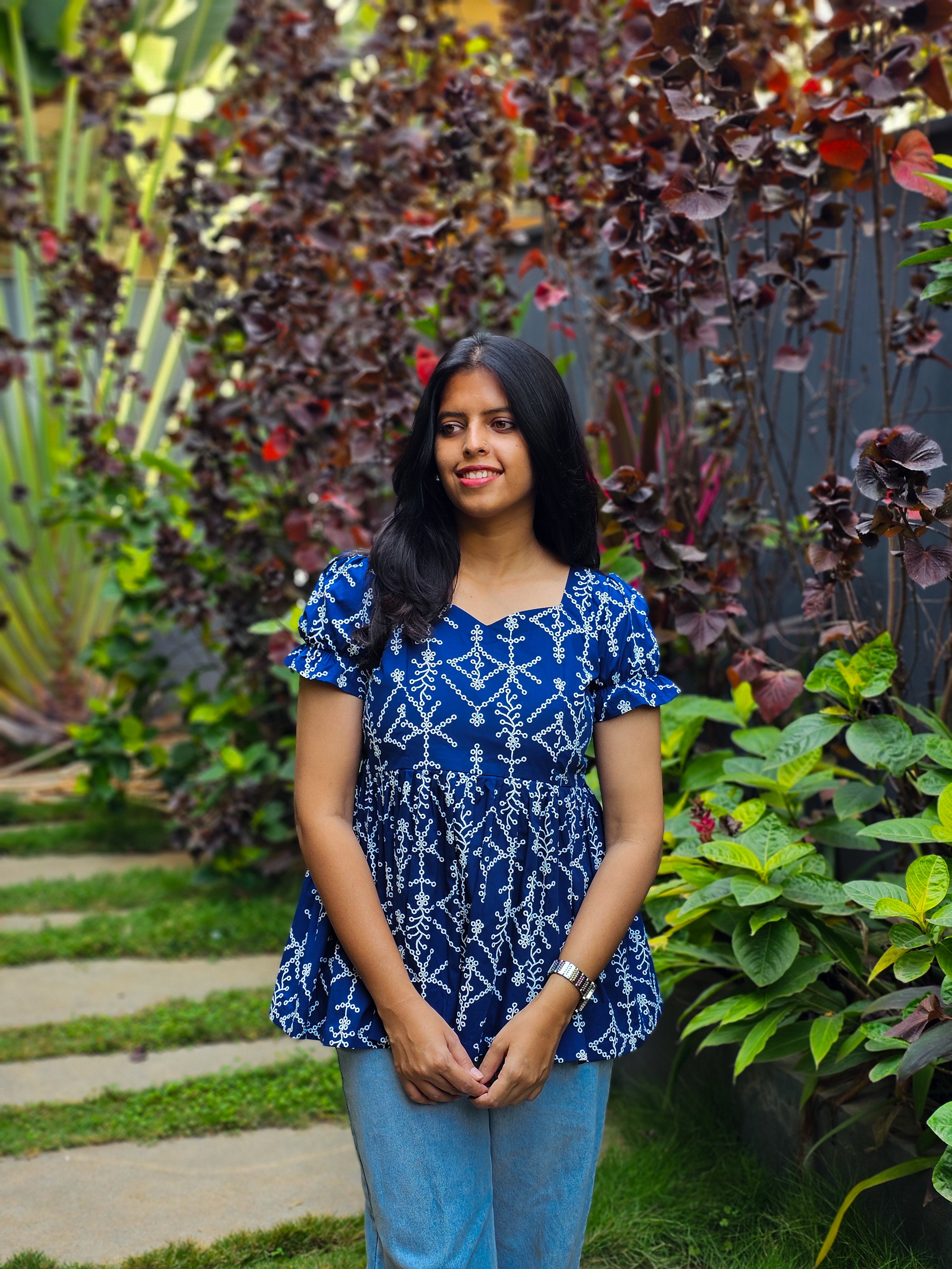 JENNY - Royal Blue Hakoba Print Top