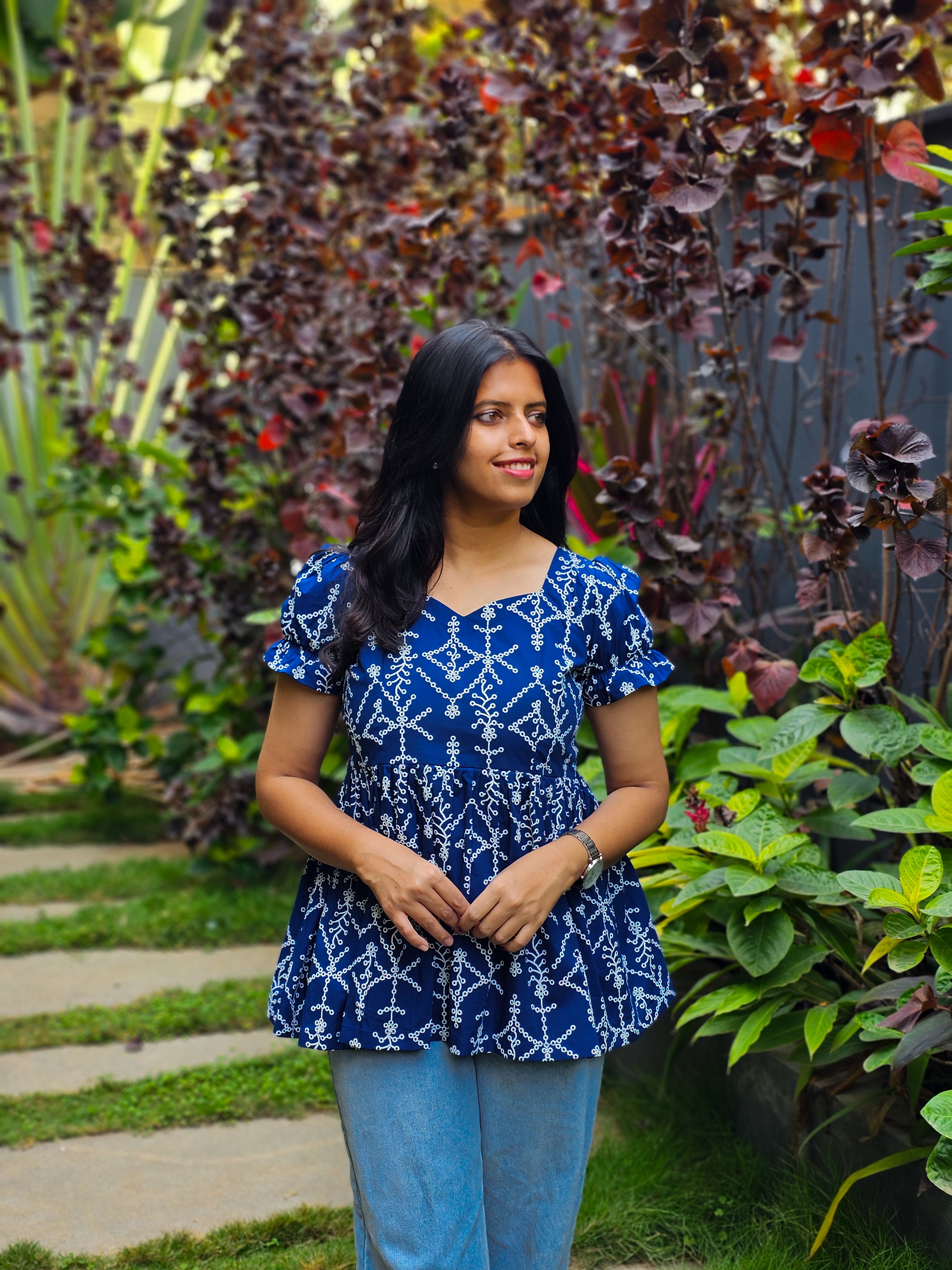 JENNY - Royal Blue Hakoba Print Top