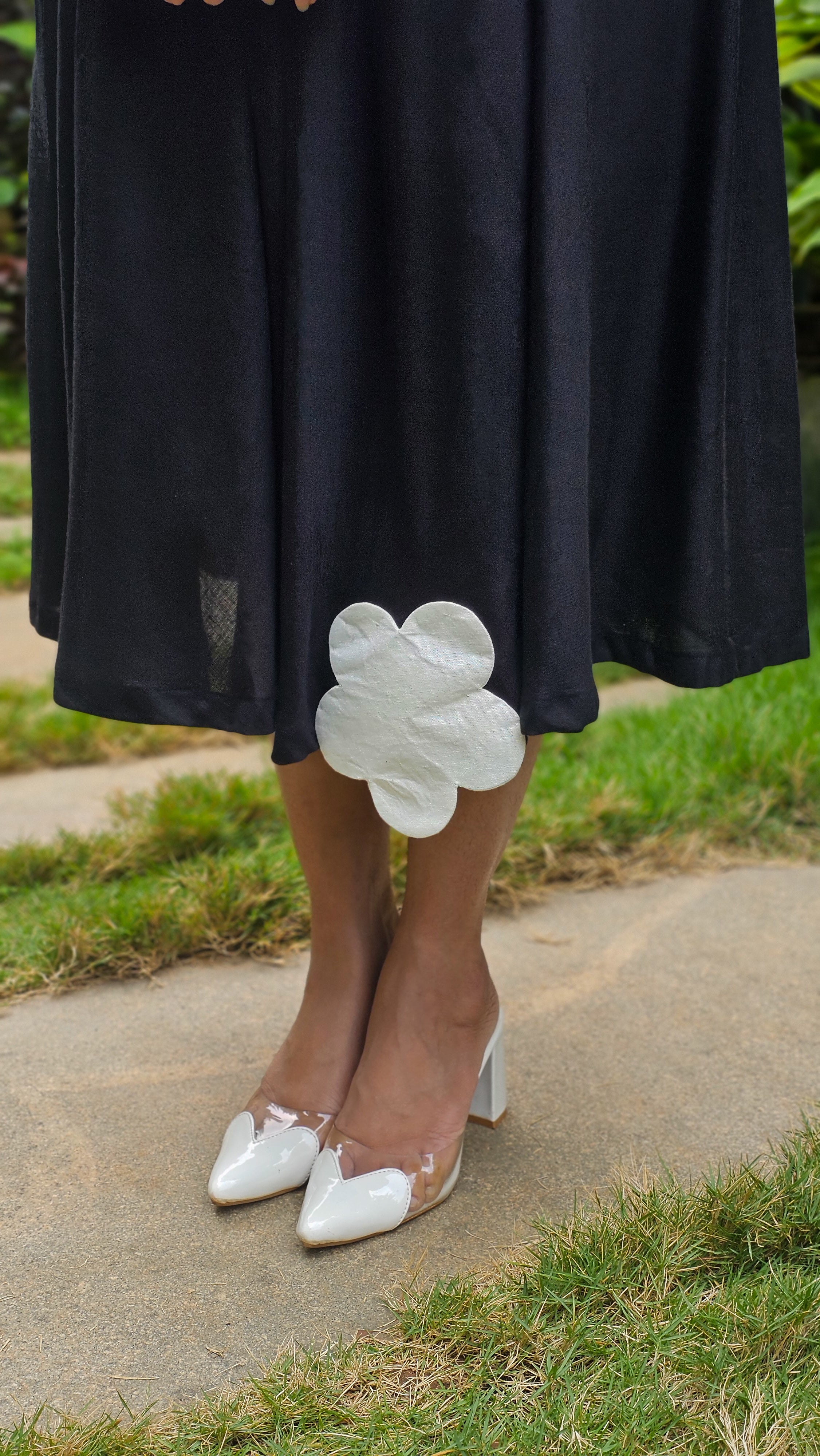 My Princess - Black Viscose Linen Floral Patchwork Flared Dress